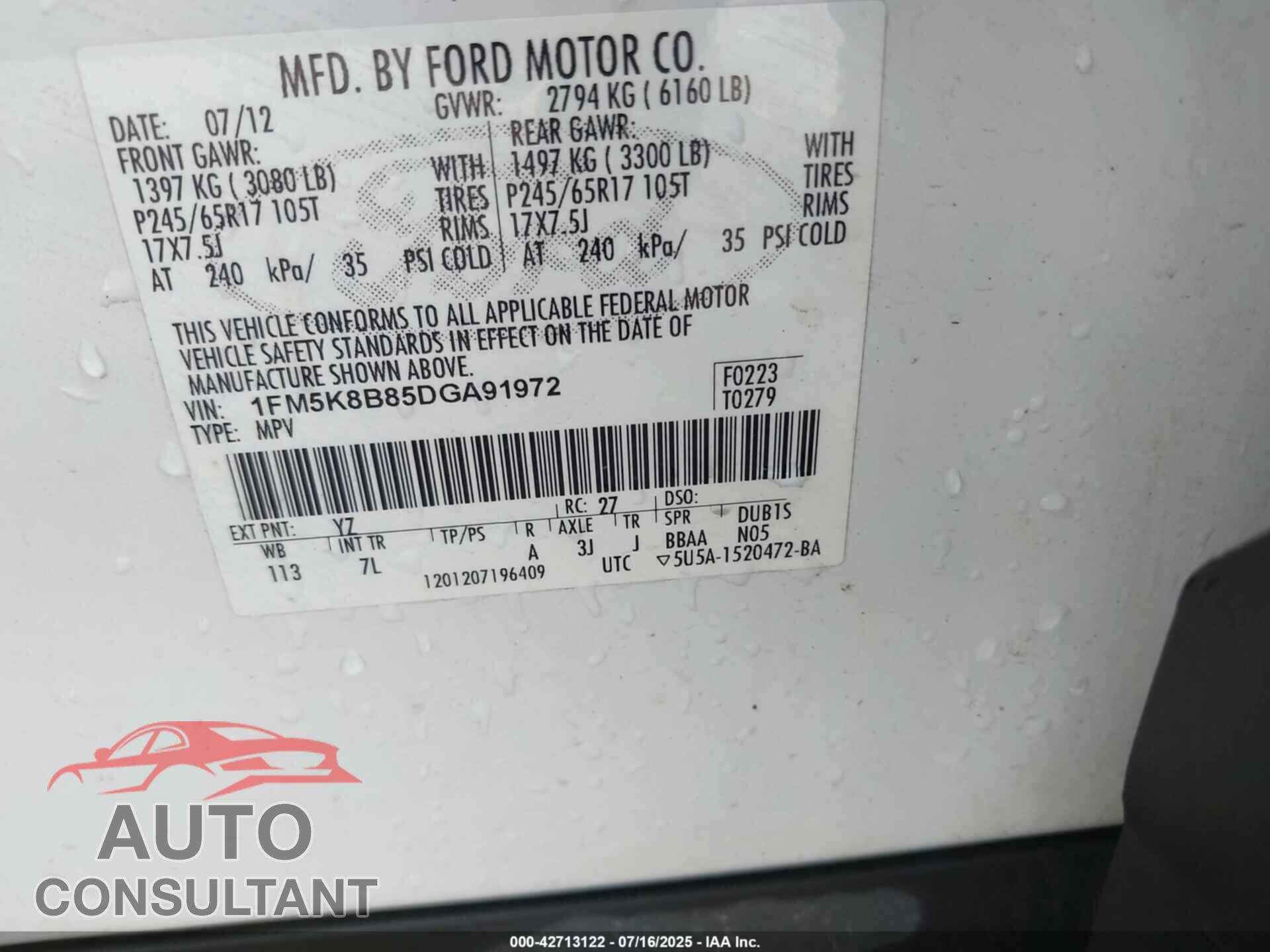 FORD EXPLORER 2013 - 1FM5K8B85DGA91972