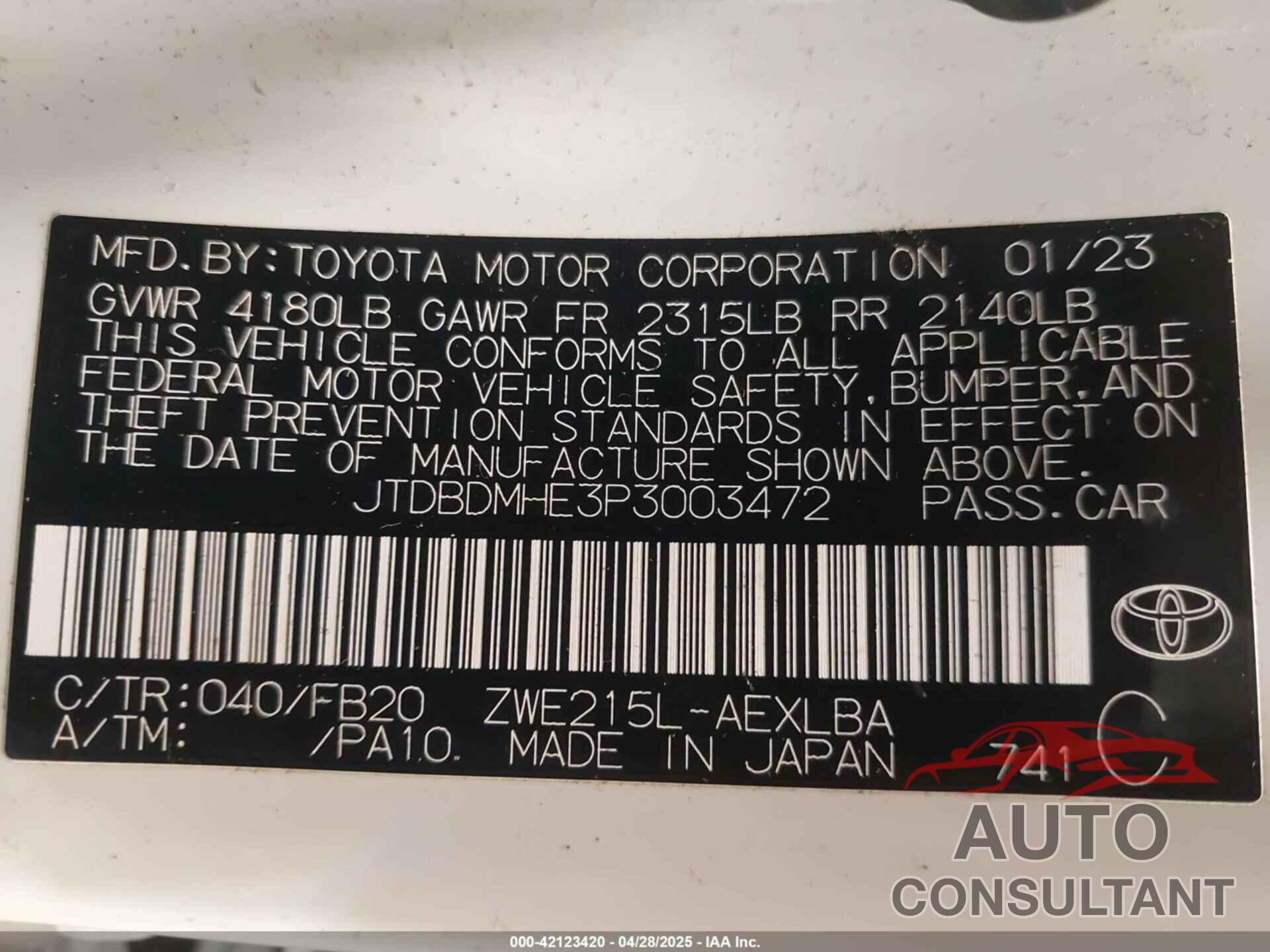 TOYOTA COROLLA 2023 - JTDBDMHE3P3003472