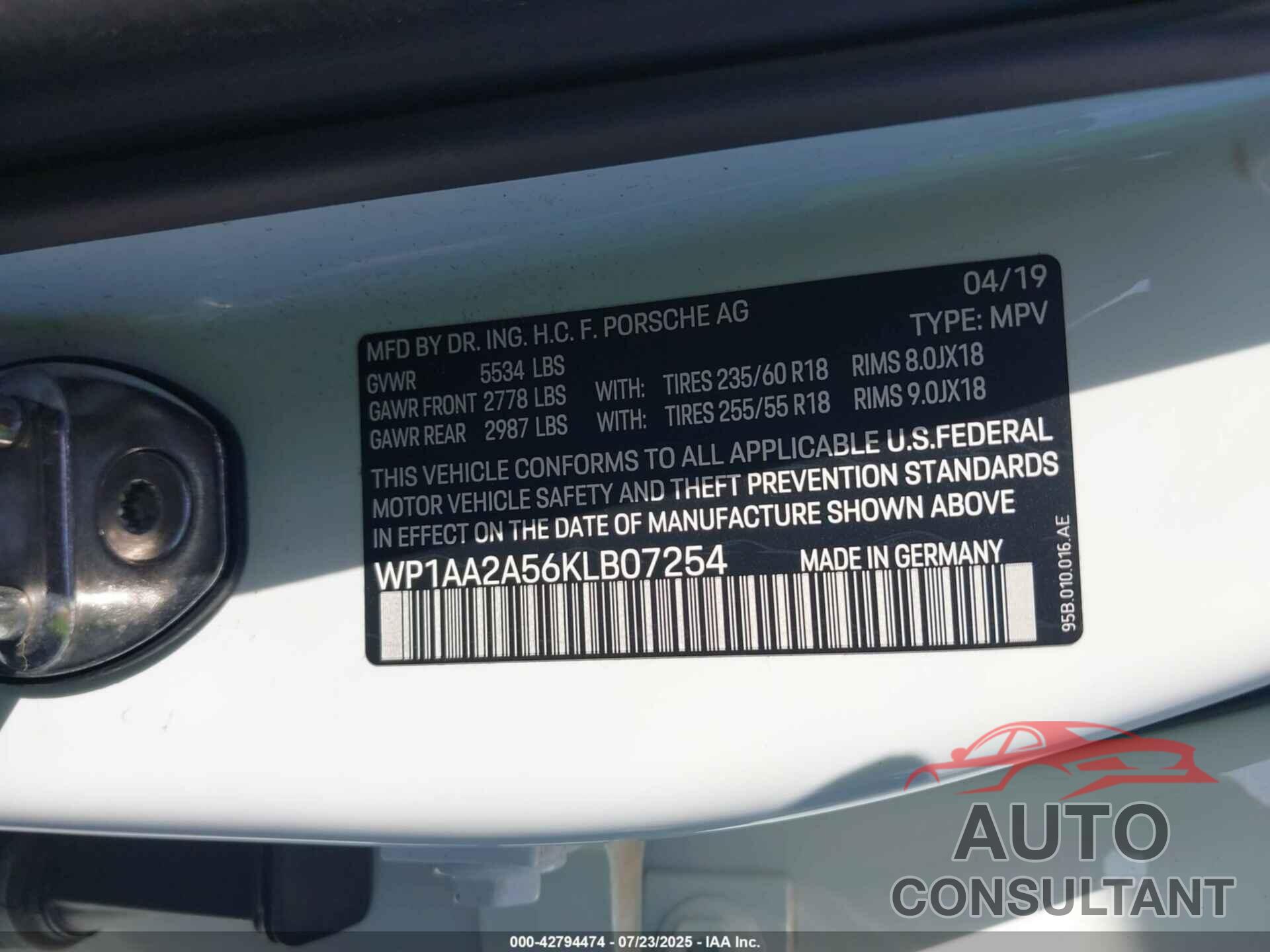 PORSCHE MACAN 2019 - WP1AA2A56KLB07254