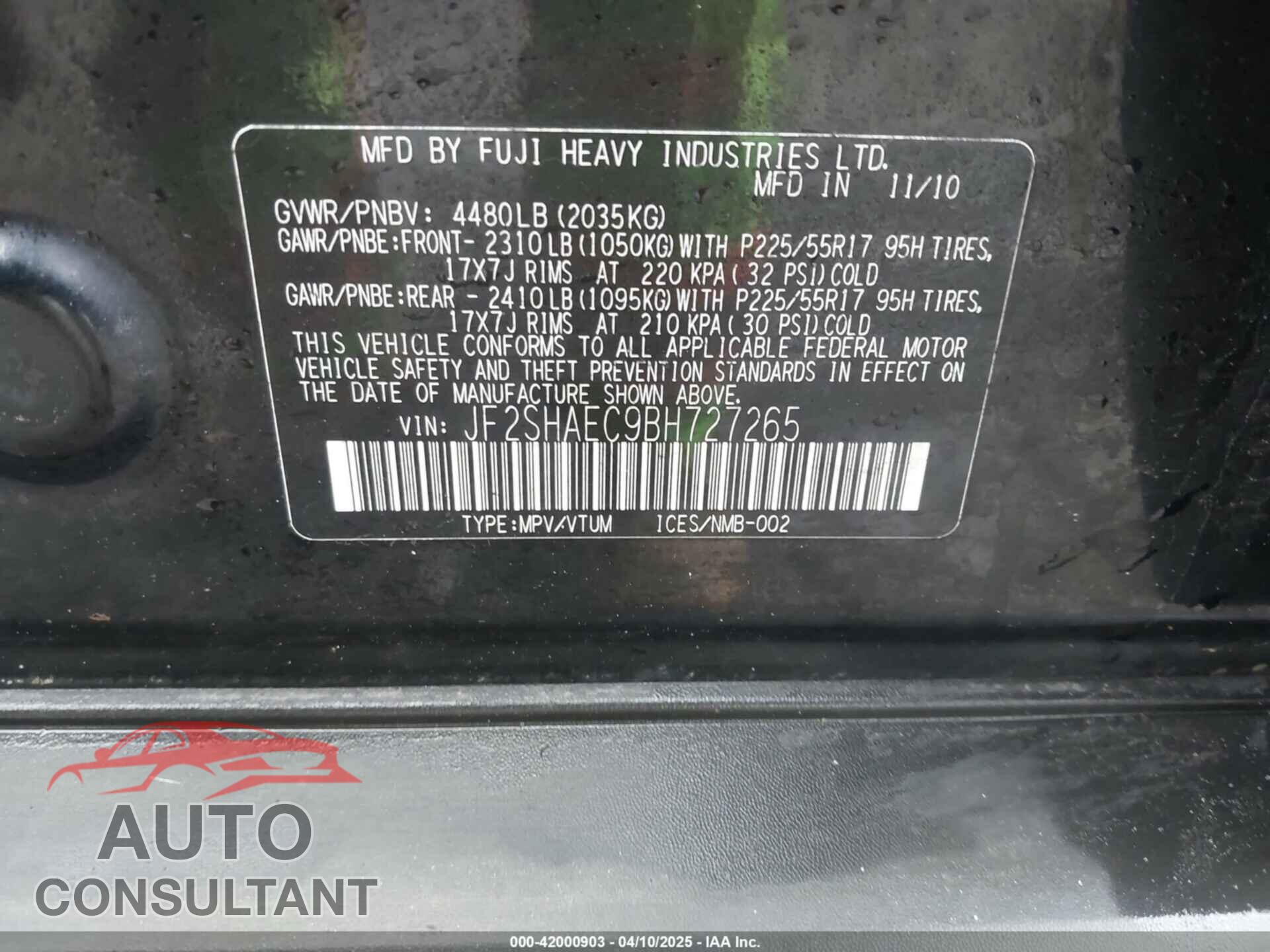 SUBARU FORESTER 2011 - JF2SHAEC9BH727265