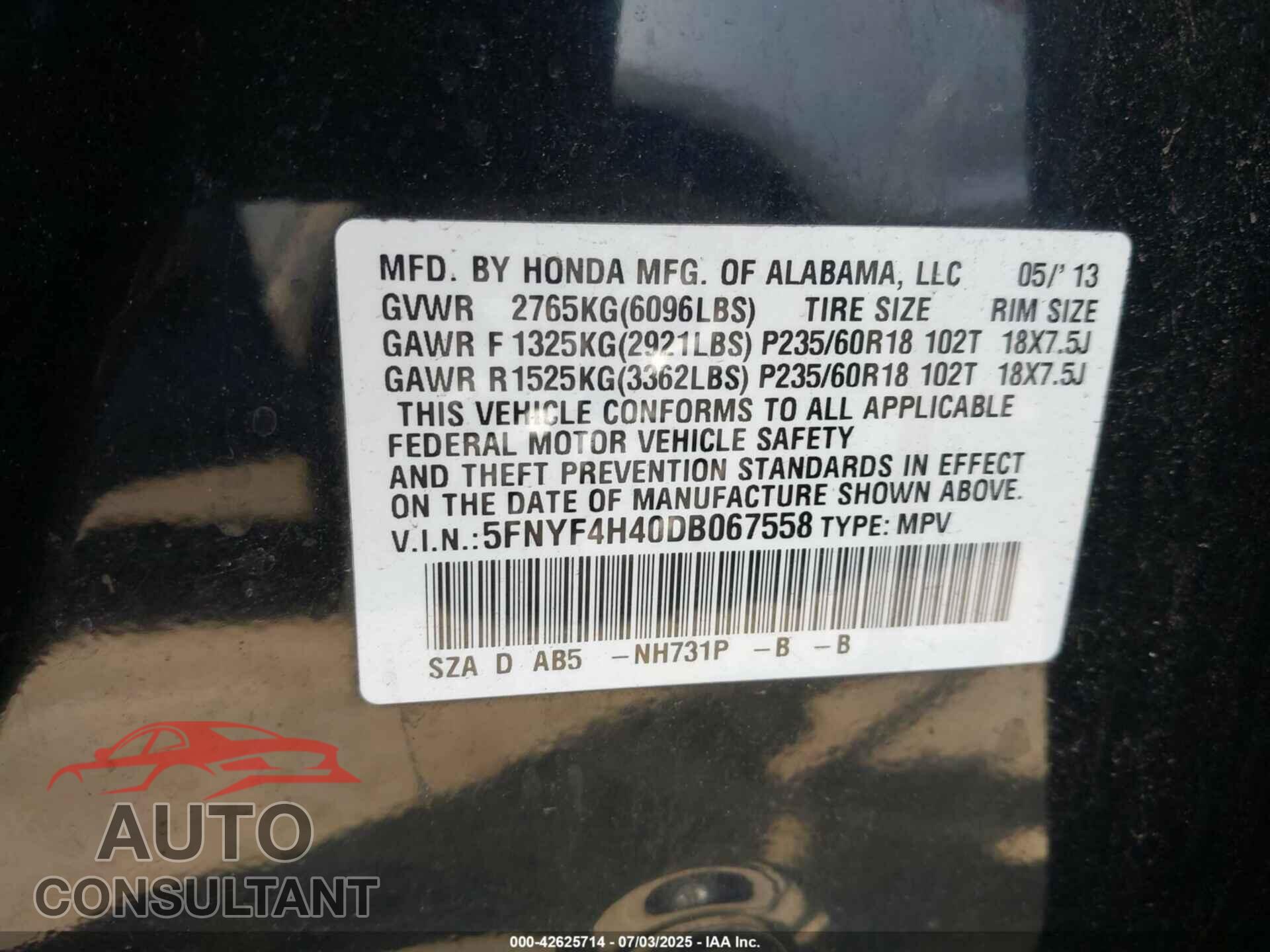 HONDA PILOT 2013 - 5FNYF4H40DB067558