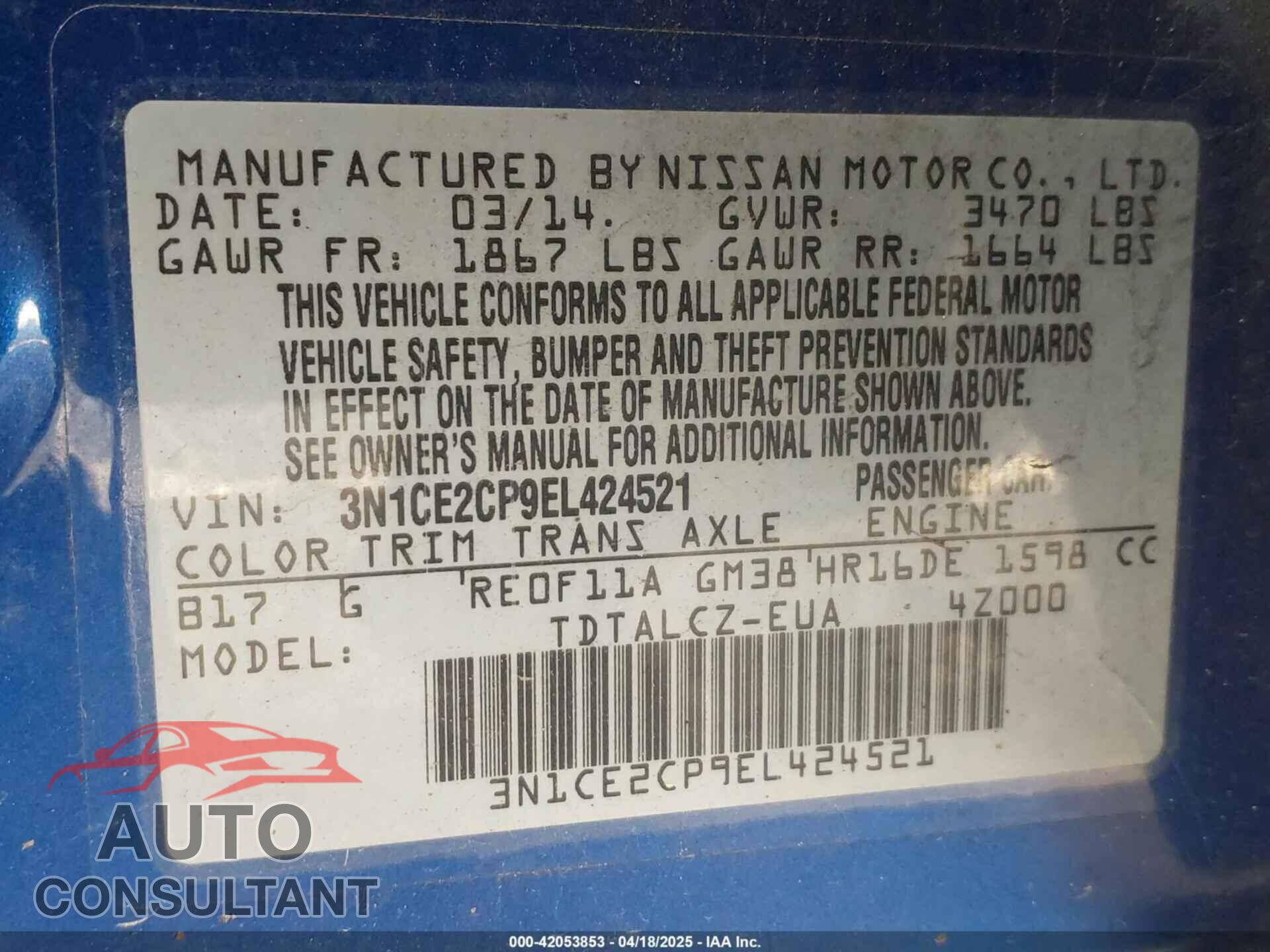 NISSAN VERSA NOTE 2014 - 3N1CE2CP9EL424521