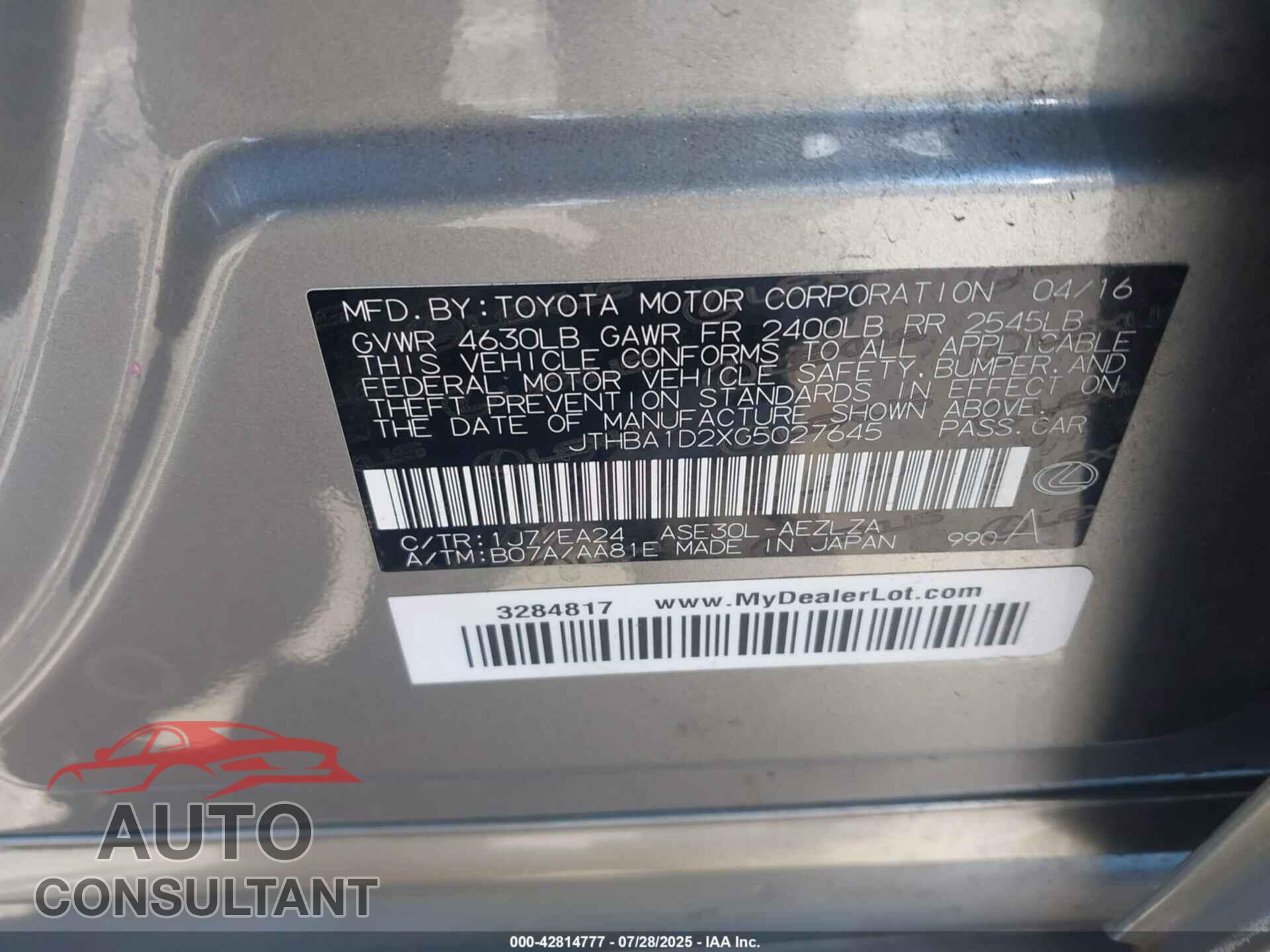 LEXUS IS 200T 2016 - JTHBA1D2XG5027645