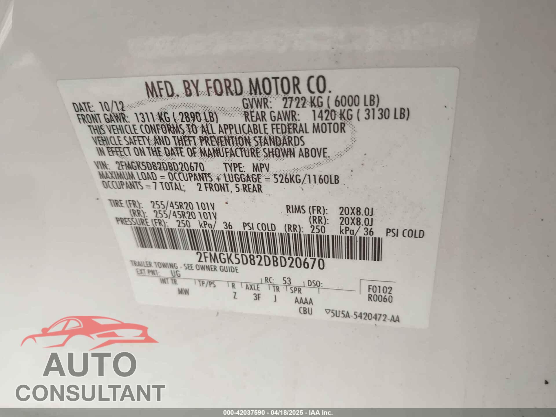 FORD FLEX 2013 - 2FMGK5D82DBD20670