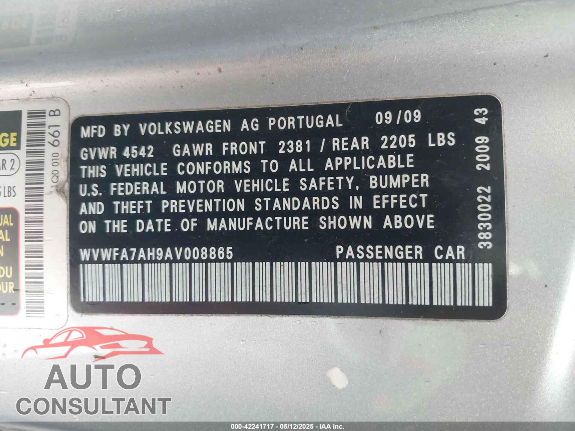VOLKSWAGEN EOS 2010 - WVWFA7AH9AV008865