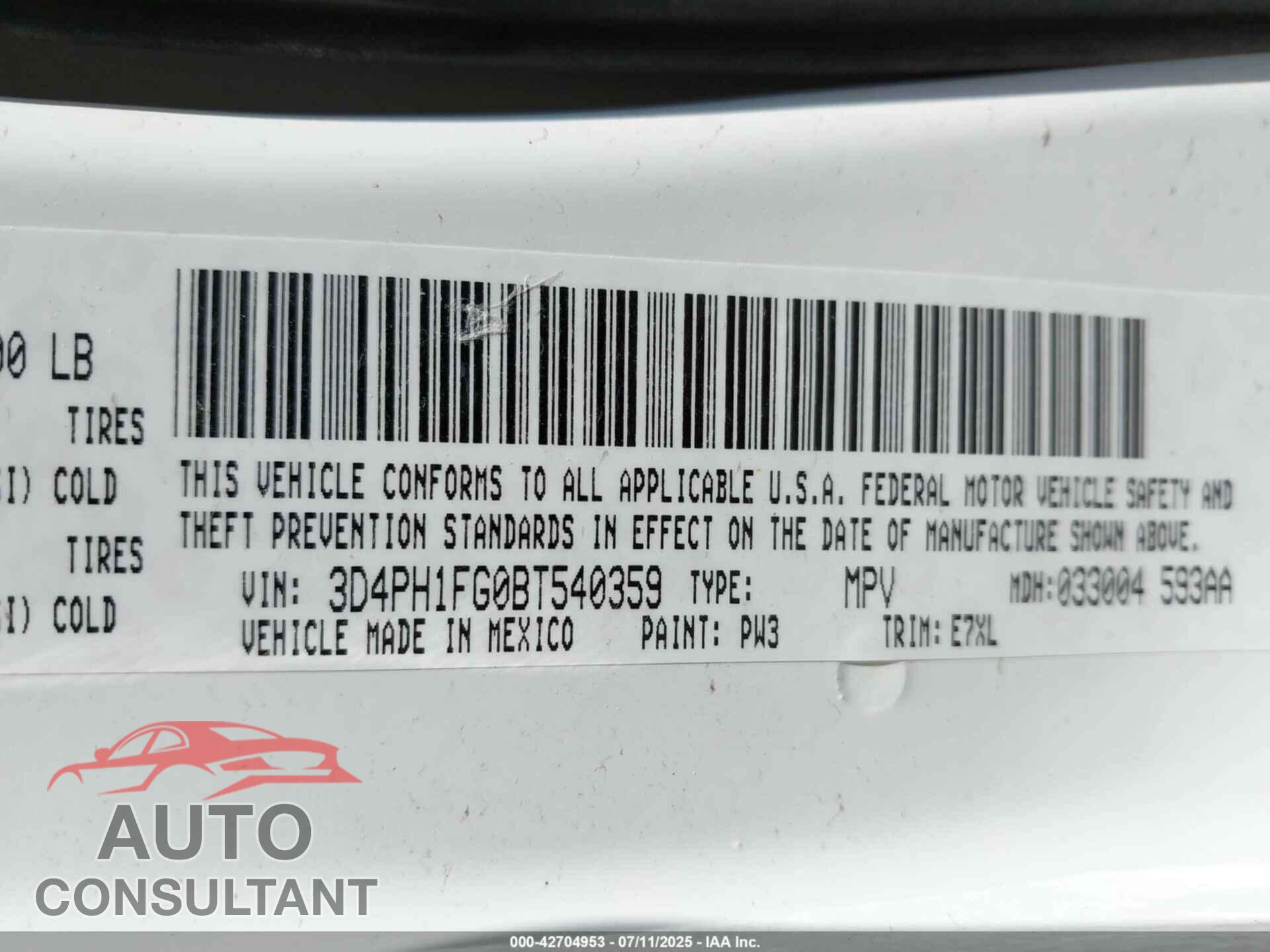 DODGE JOURNEY 2011 - 3D4PH1FG0BT540359