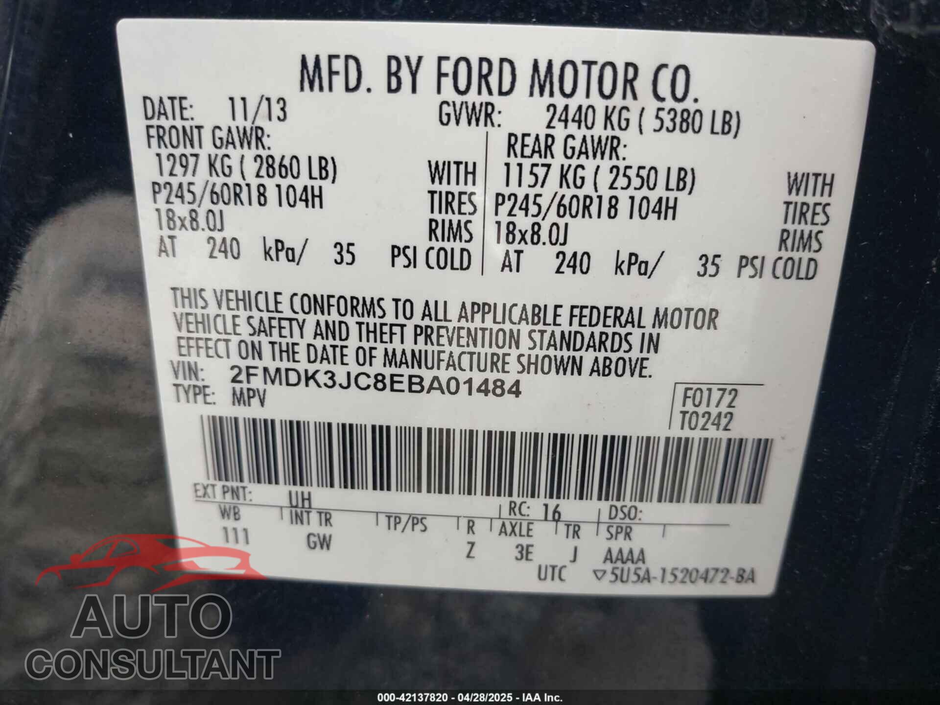 FORD EDGE 2014 - 2FMDK3JC8EBA01484
