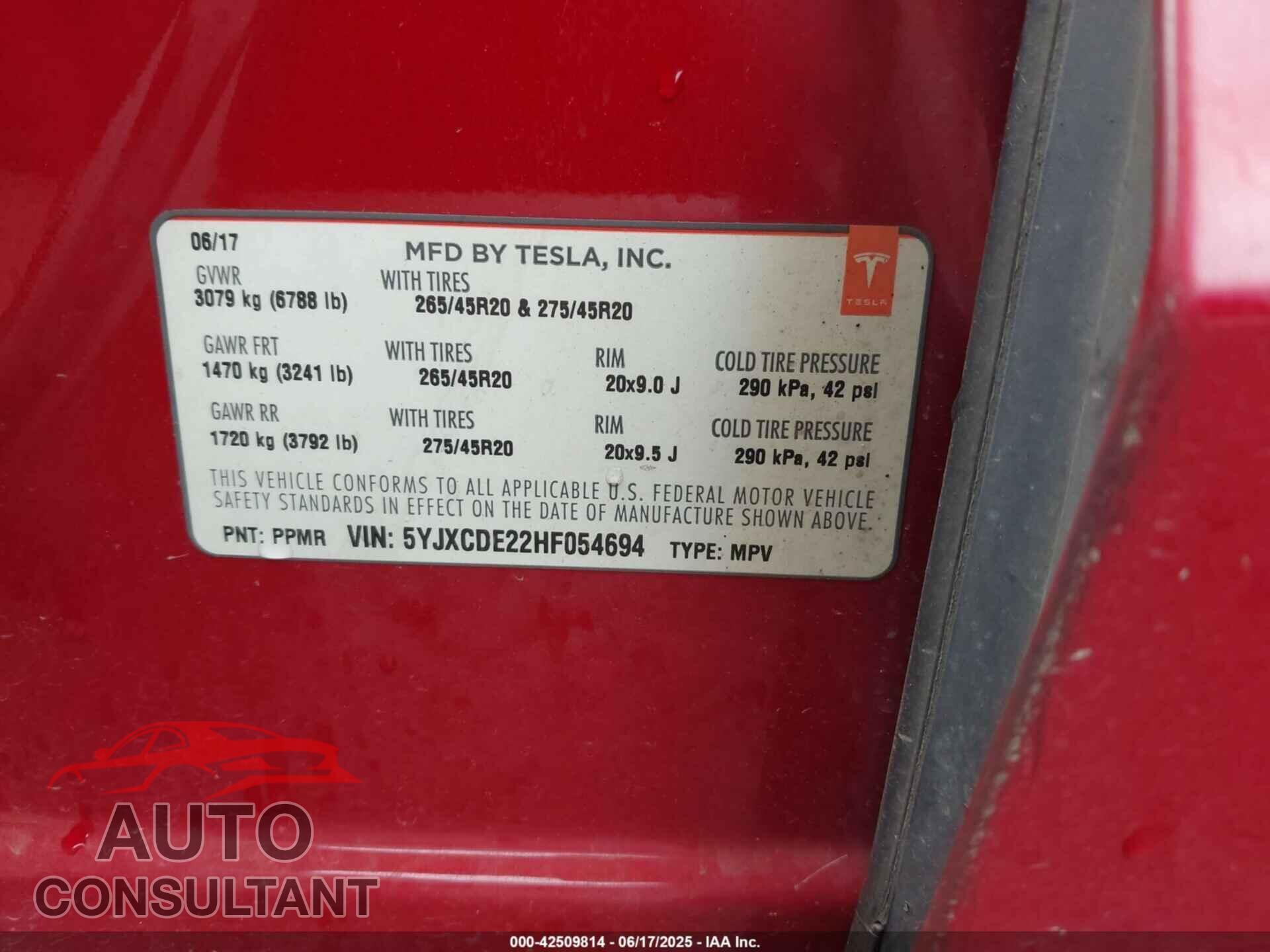 TESLA MODEL X 2017 - 5YJXCDE22HF054694