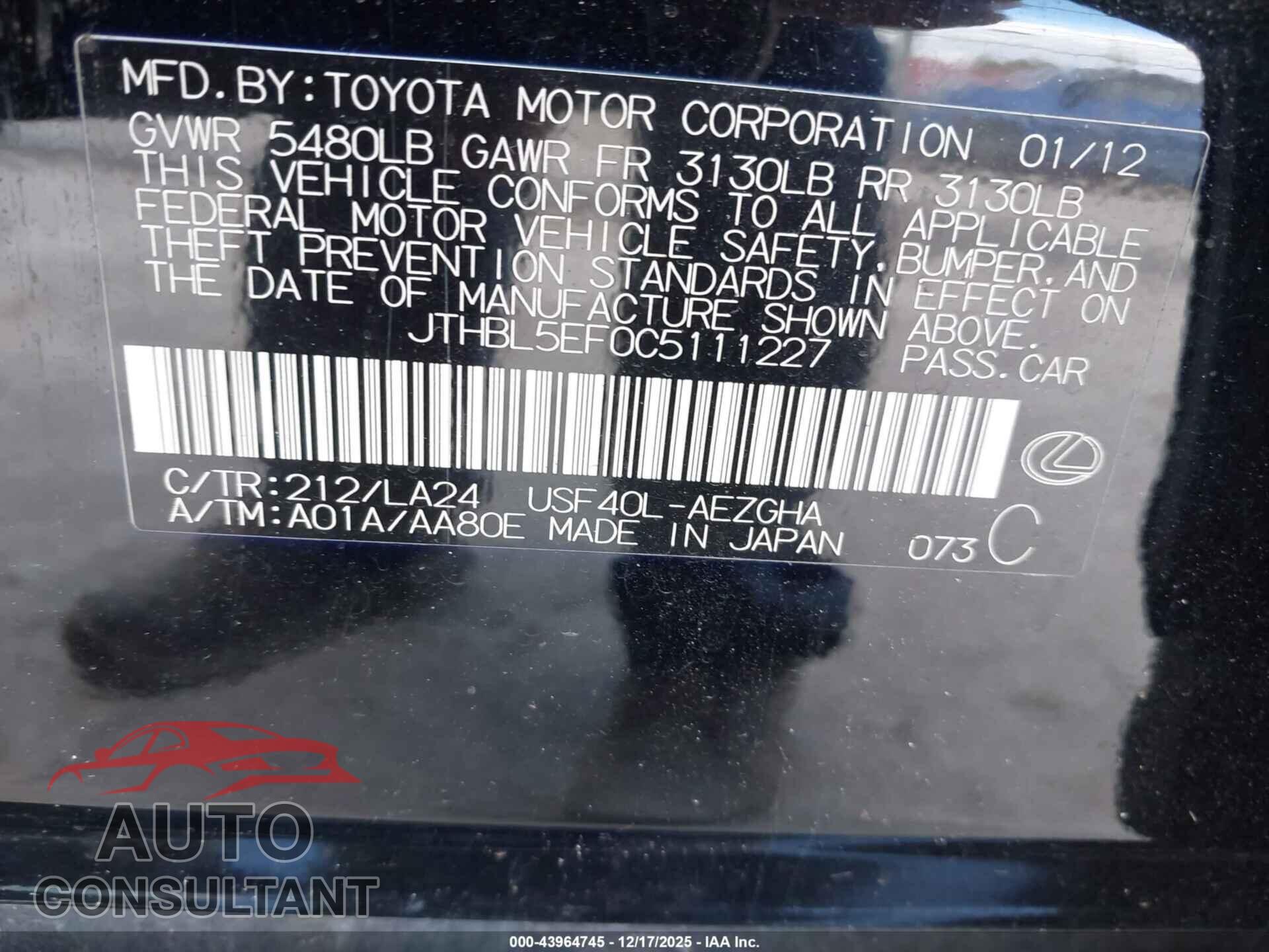 LEXUS LS 460 2012 - JTHBL5EF0C5111227