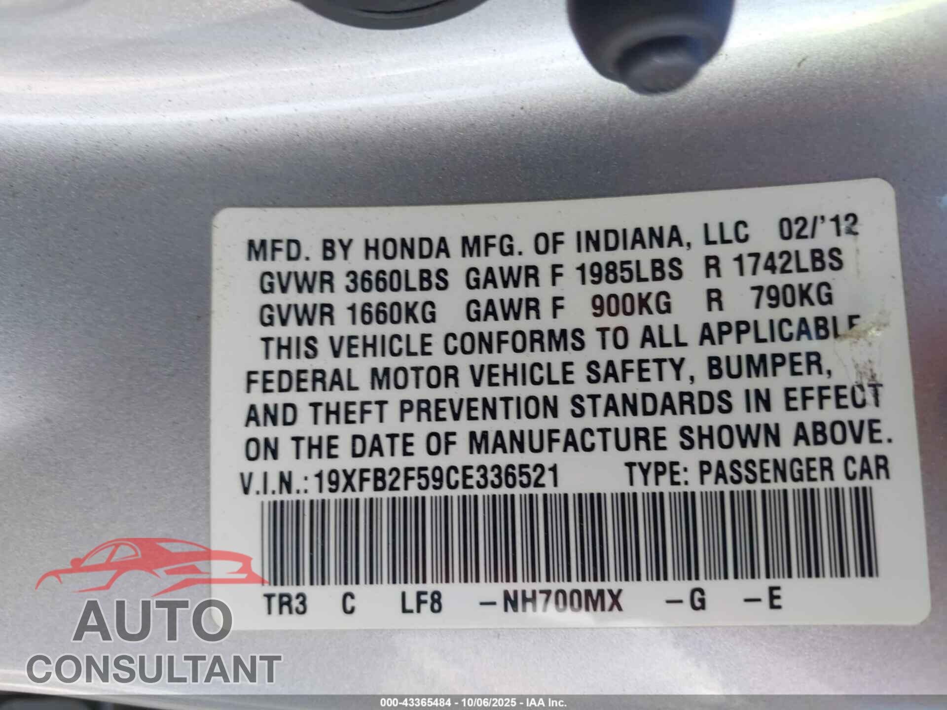 HONDA CIVIC 2012 - 19XFB2F59CE336521