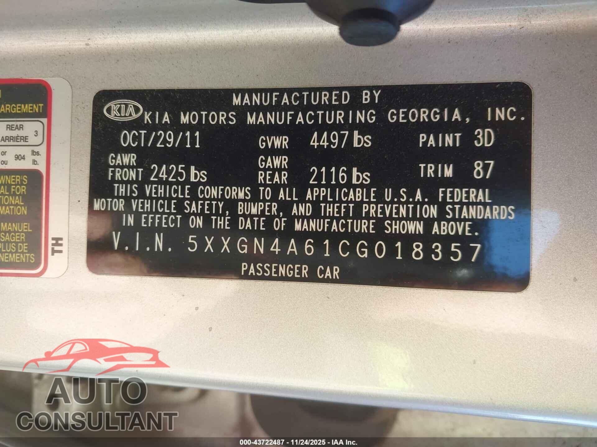 KIA OPTIMA 2012 - 5XXGN4A61CG018357