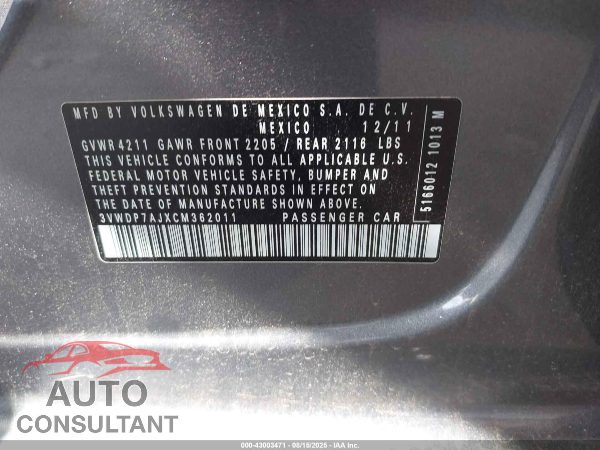 VOLKSWAGEN JETTA 2012 - 3VWDP7AJXCM362011
