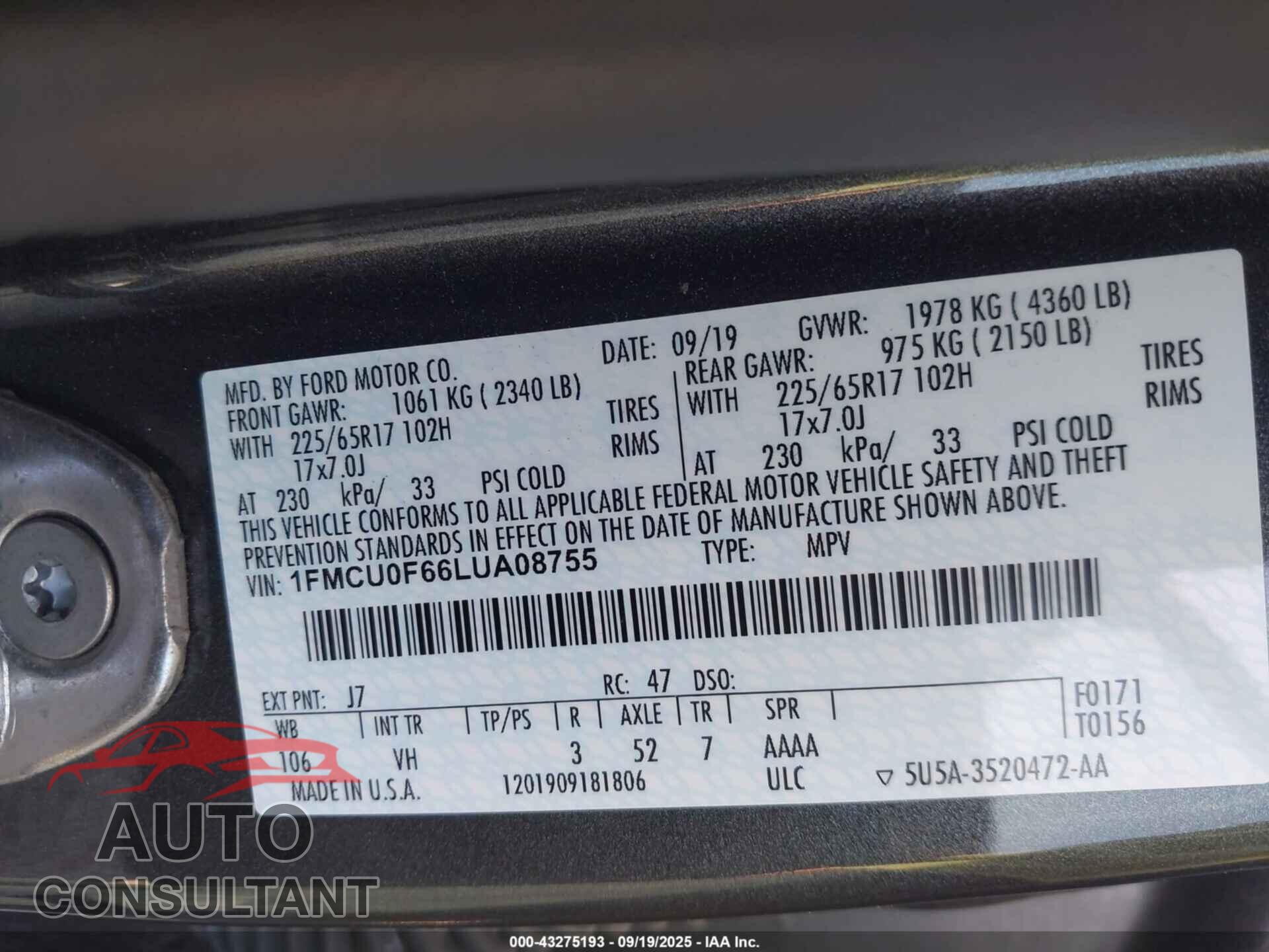 FORD ESCAPE 2020 - 1FMCU0F66LUA08755