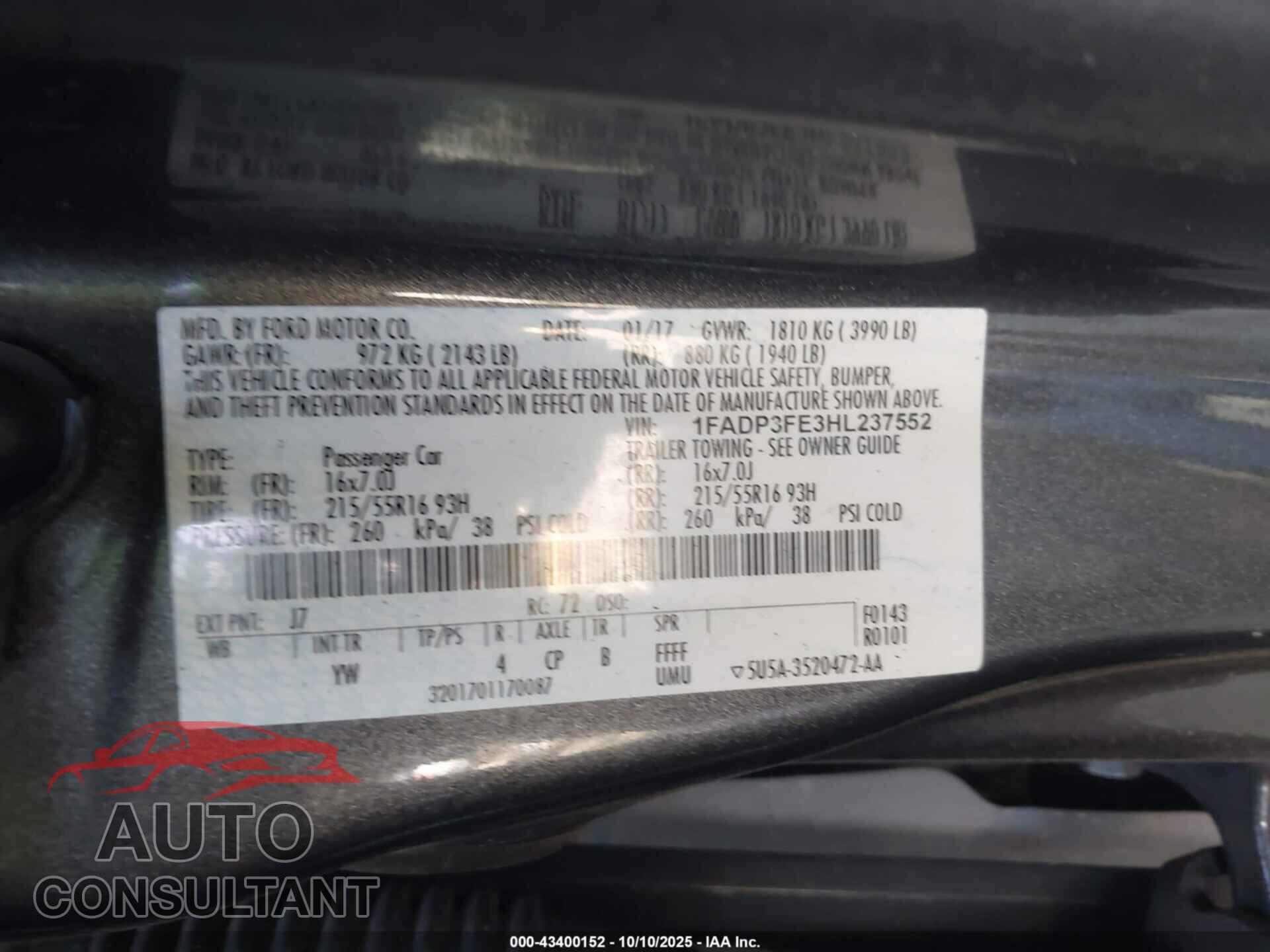 FORD FOCUS 2017 - 1FADP3FE3HL237552