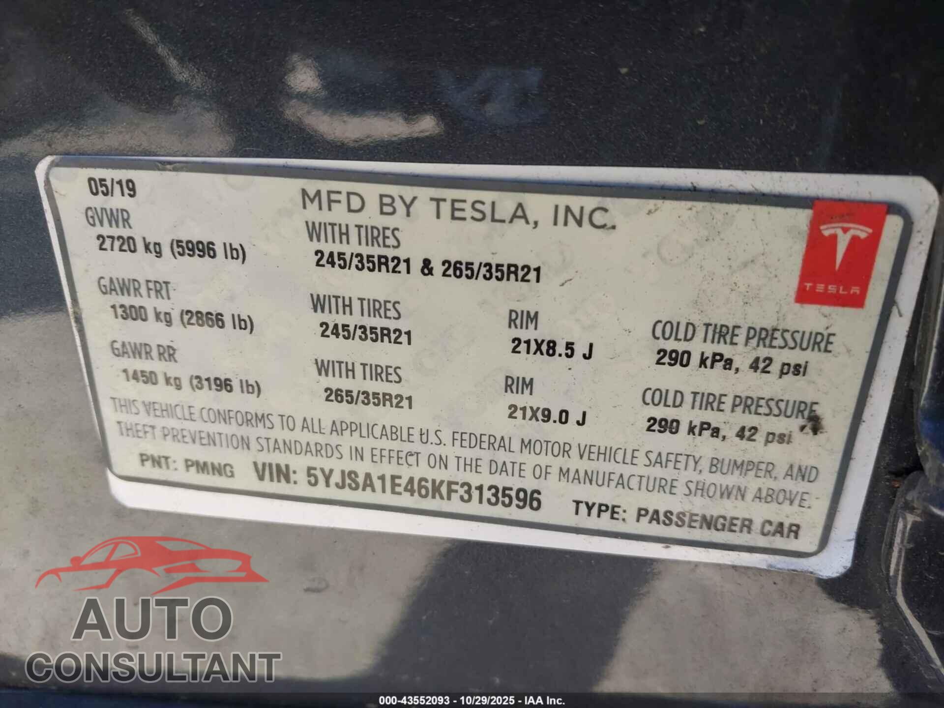 TESLA MODEL S 2019 - 5YJSA1E46KF313596