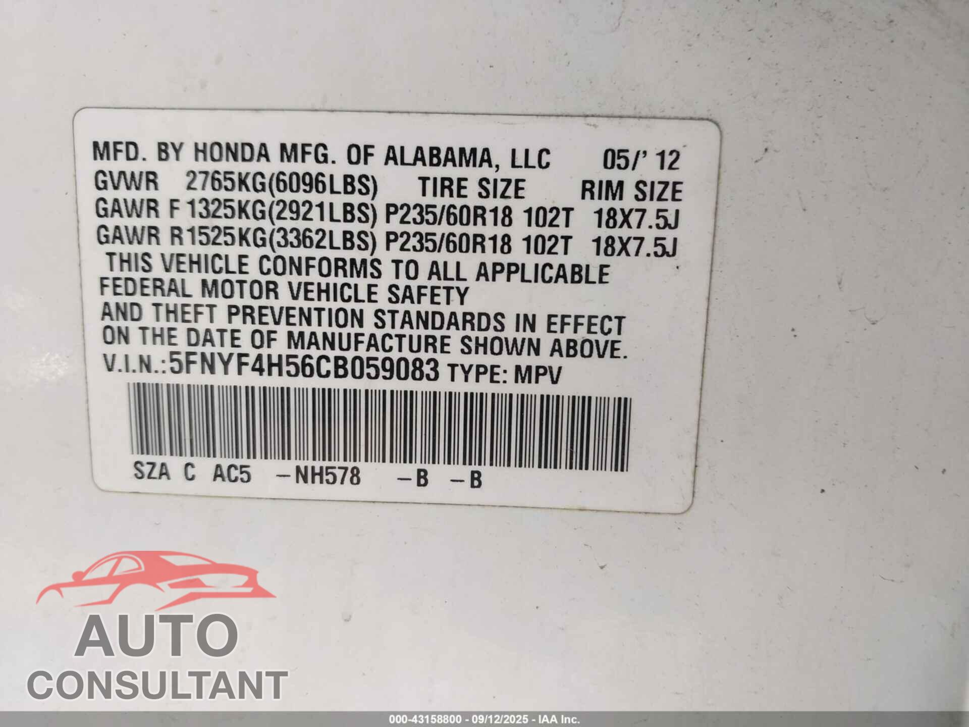 HONDA PILOT 2012 - 5FNYF4H56CB059083