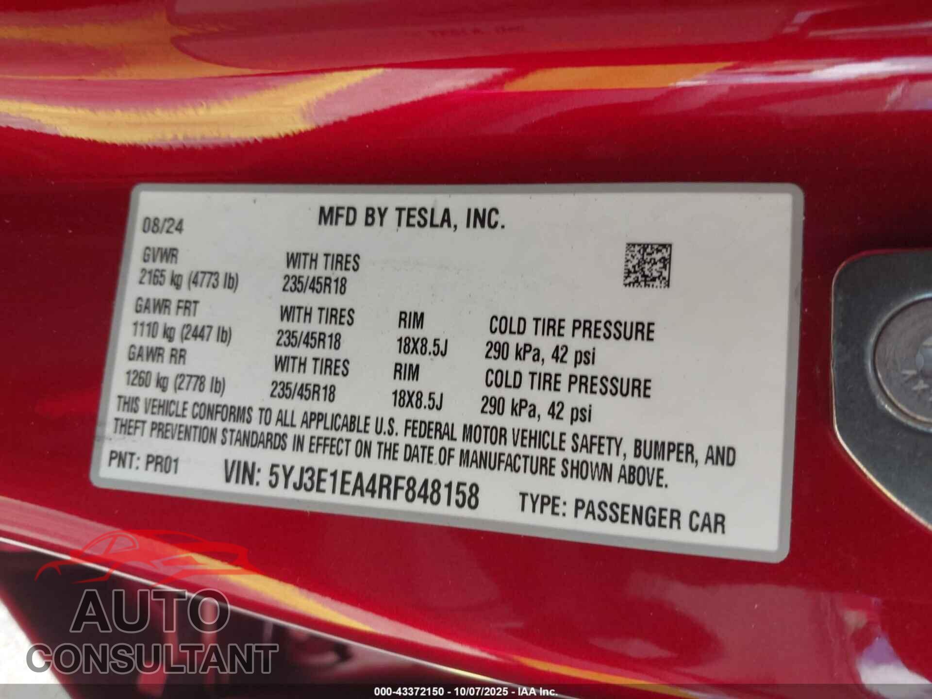 TESLA MODEL 3 2024 - 5YJ3E1EA4RF848158
