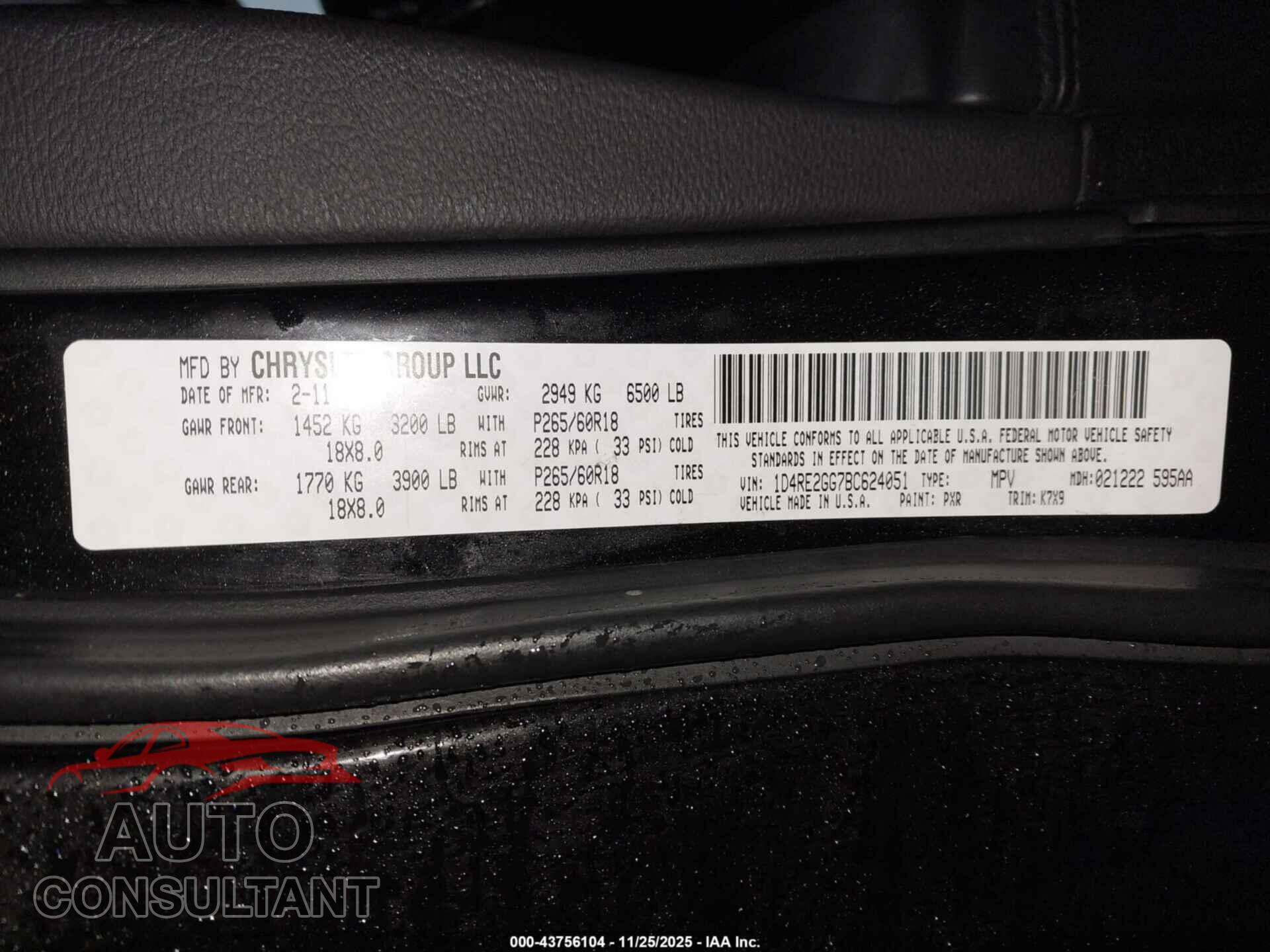 DODGE DURANGO 2011 - 1D4RE2GG7BC624051