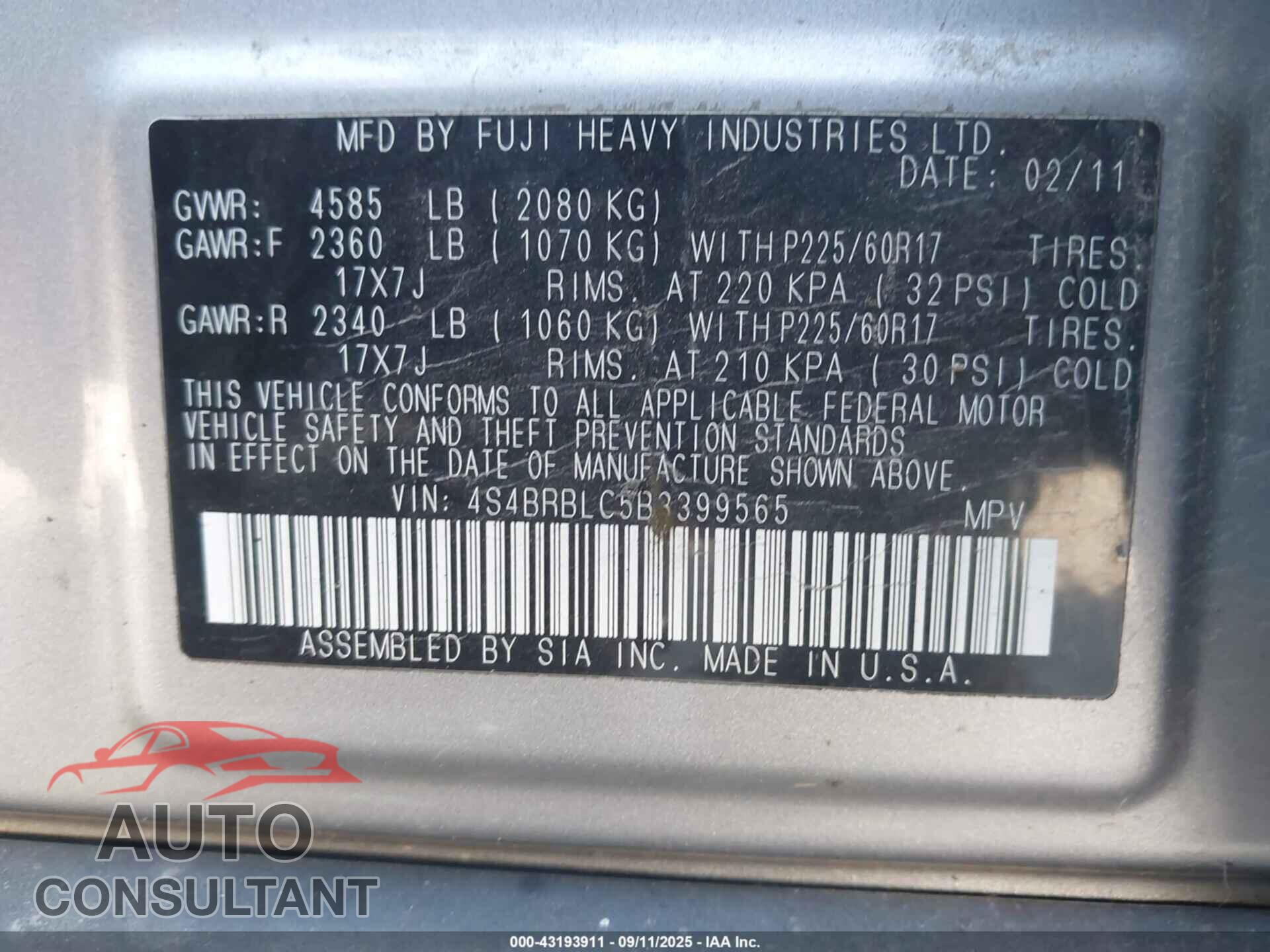 SUBARU OUTBACK 2011 - 4S4BRBLC5B3399565