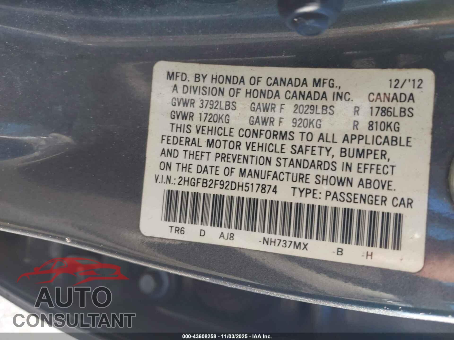 HONDA CIVIC 2013 - 2HGFB2F92DH517874