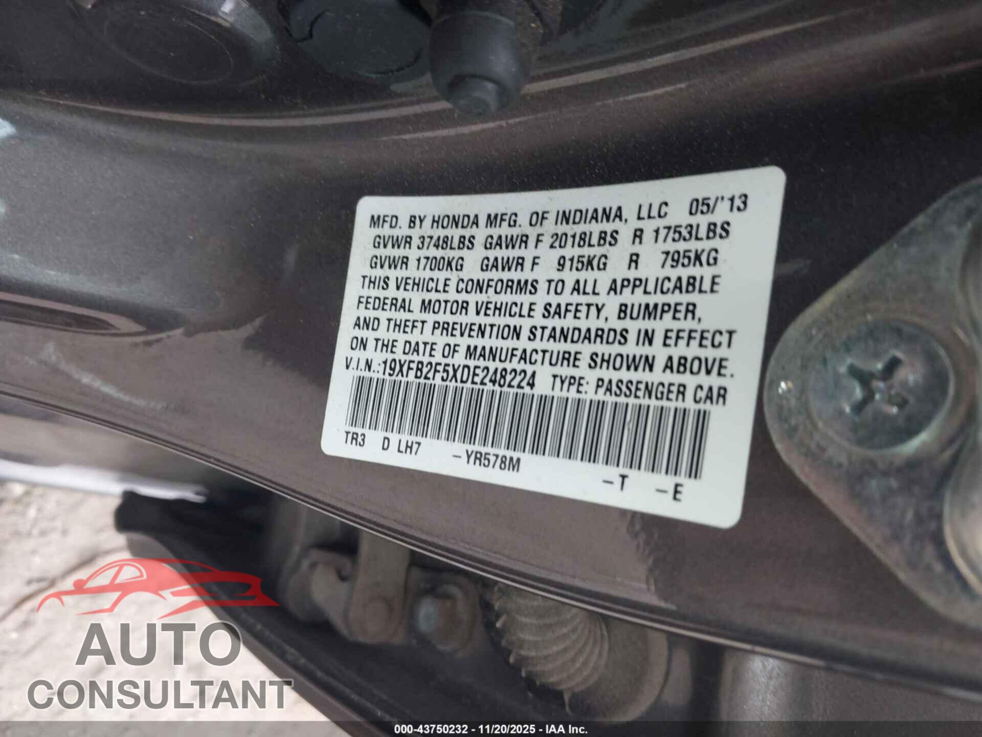 HONDA CIVIC 2013 - 19XFB2F5XDE248224