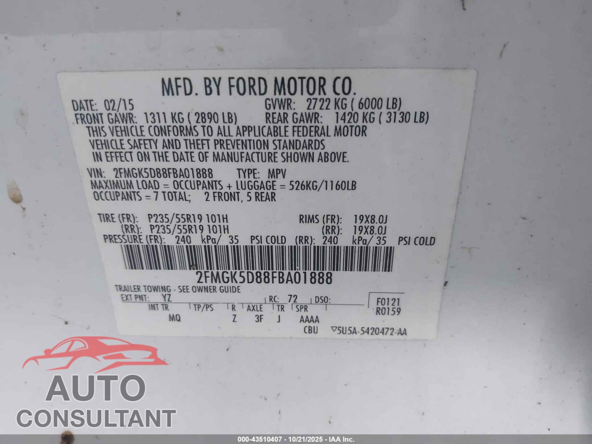 FORD FLEX 2015 - 2FMGK5D88FBA01888