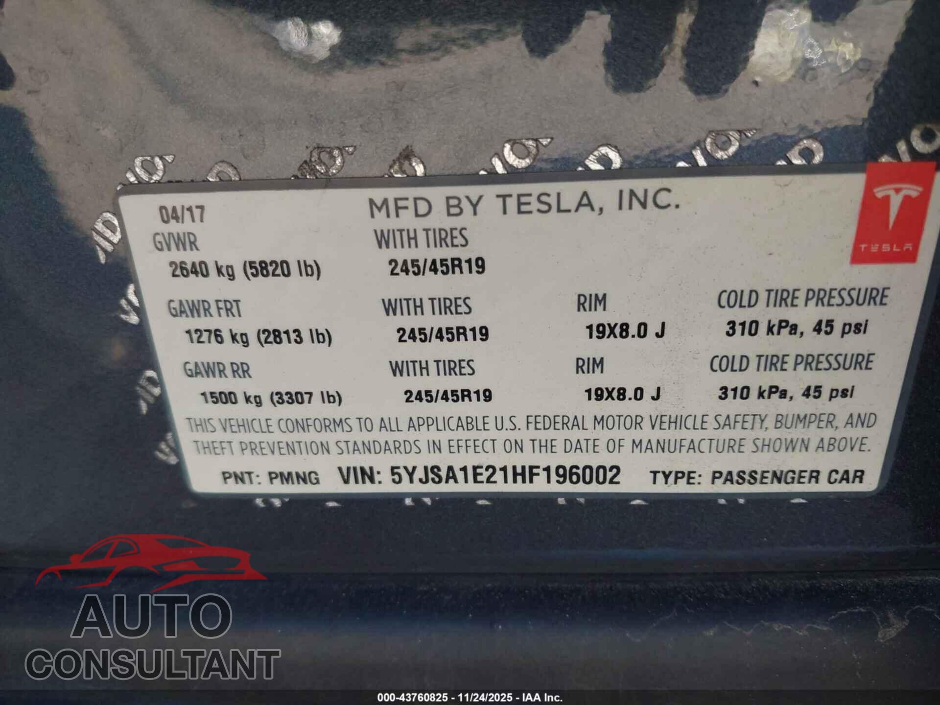 TESLA MODEL S 2017 - 5YJSA1E21HF196002