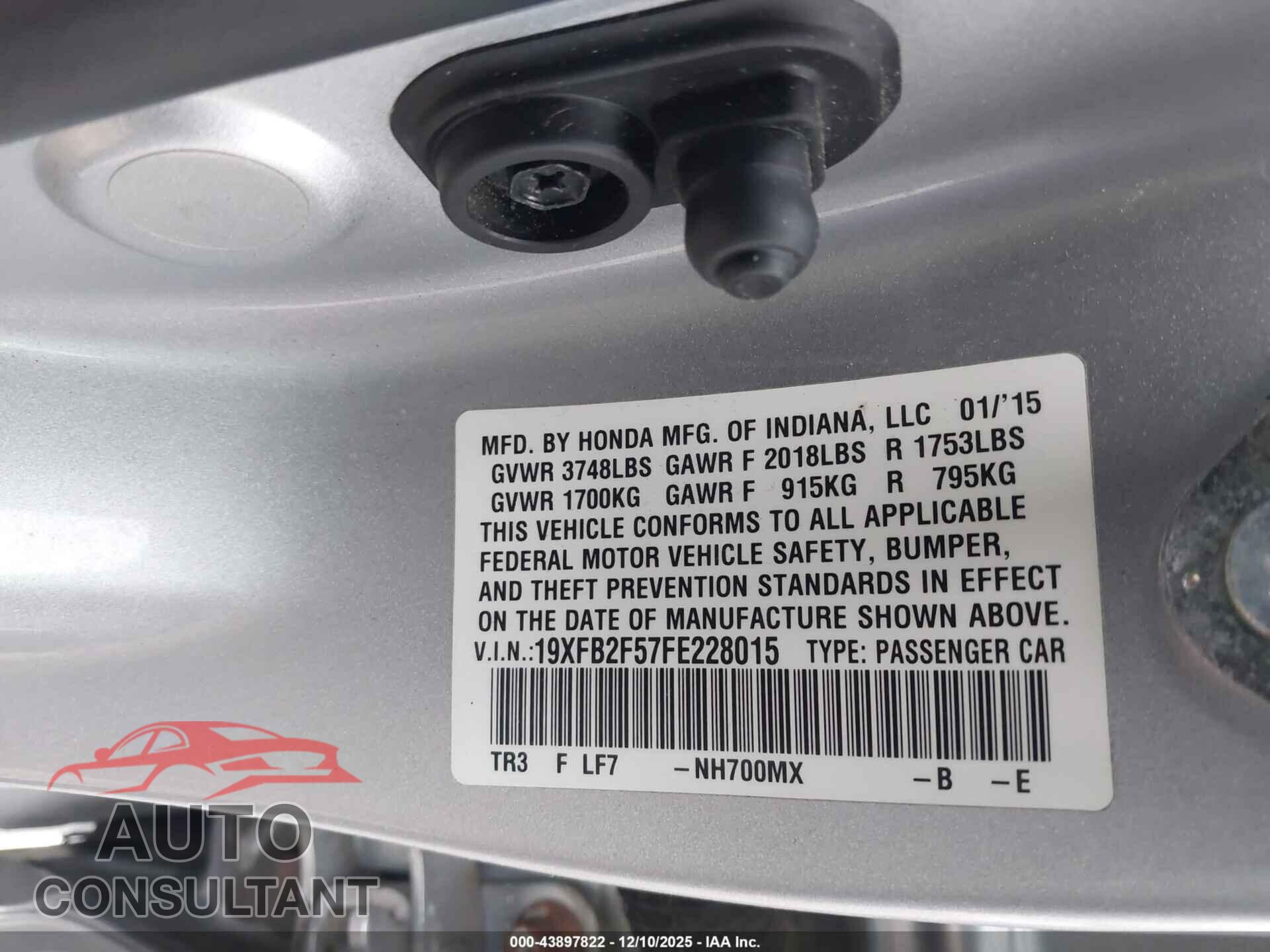 HONDA CIVIC 2015 - 19XFB2F57FE228015