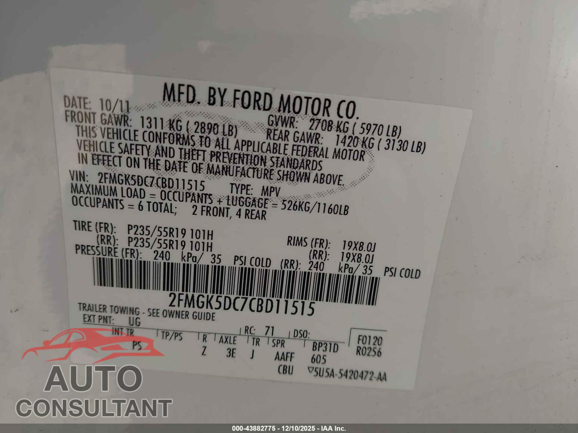 FORD FLEX 2012 - 2FMGK5DC7CBD11515