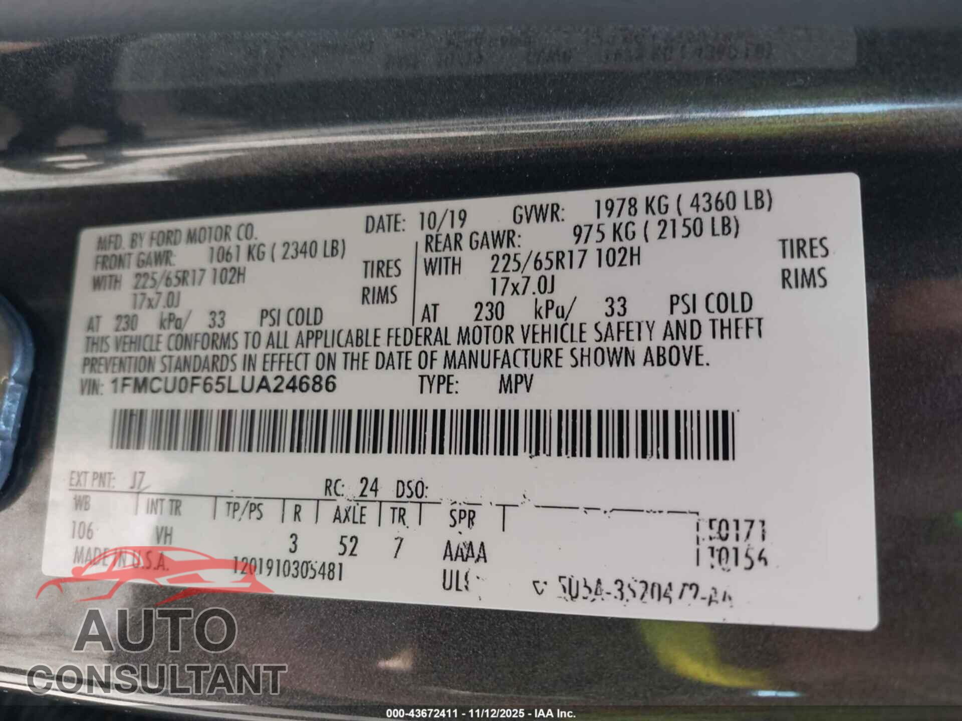 FORD ESCAPE 2020 - 1FMCU0F65LUA24686