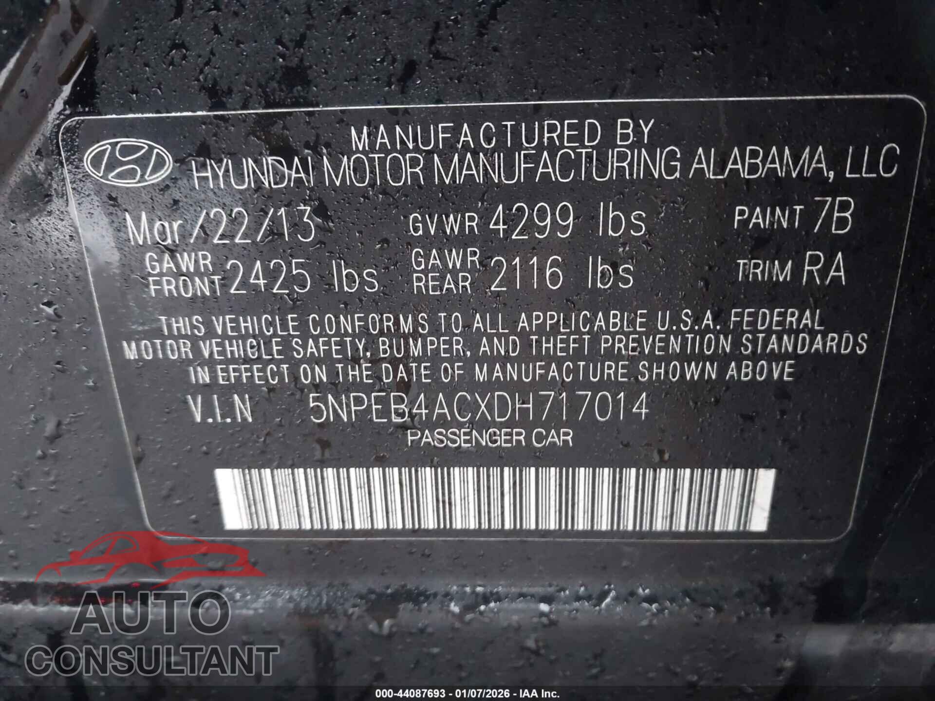 HYUNDAI SONATA 2013 - 5NPEB4ACXDH717014