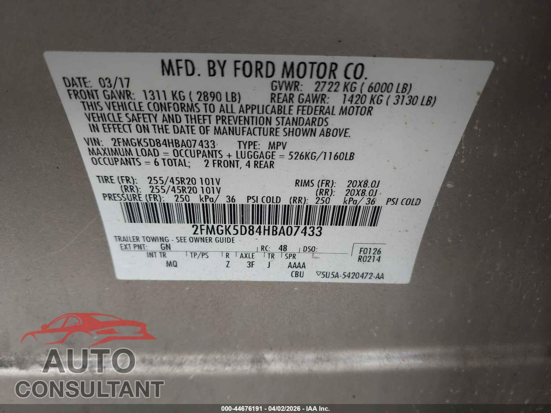 FORD FLEX 2017 - 2FMGK5D84HBA07433