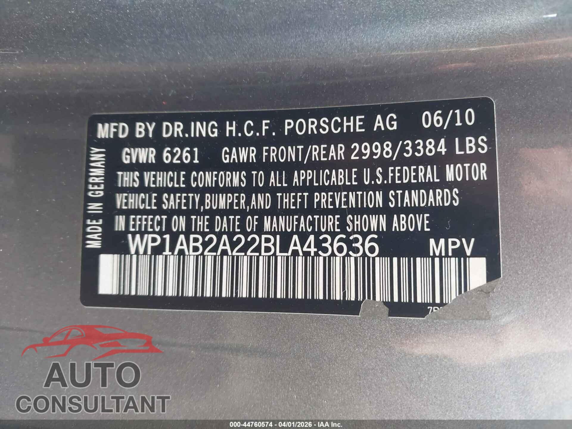 PORSCHE CAYENNE 2011 - WP1AB2A22BLA43636