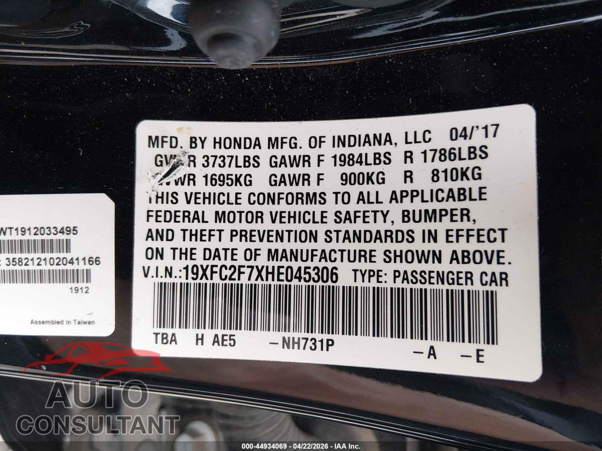 HONDA CIVIC 2017 - 19XFC2F7XHE045306