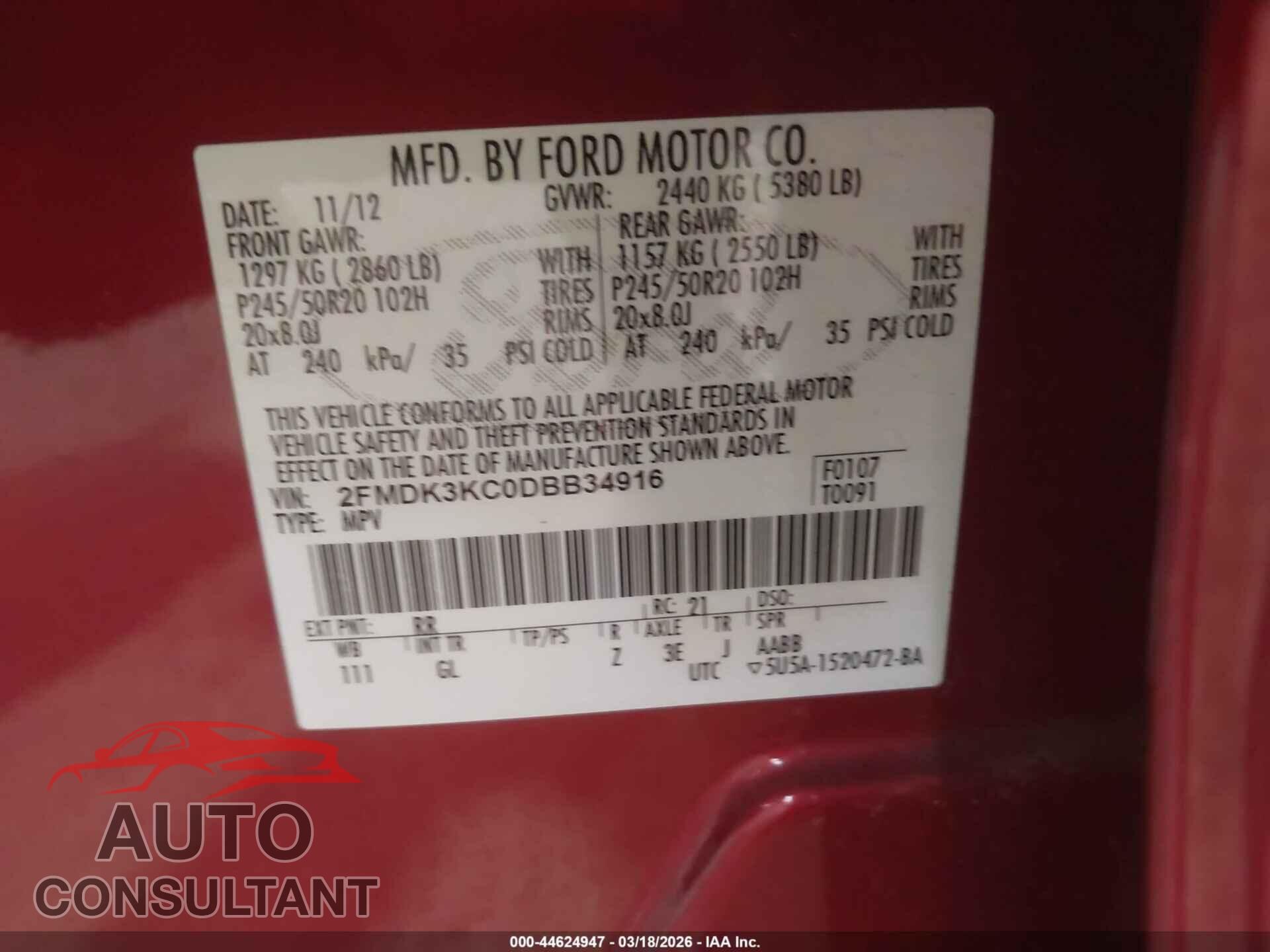 FORD EDGE 2013 - 2FMDK3KC0DBB34916