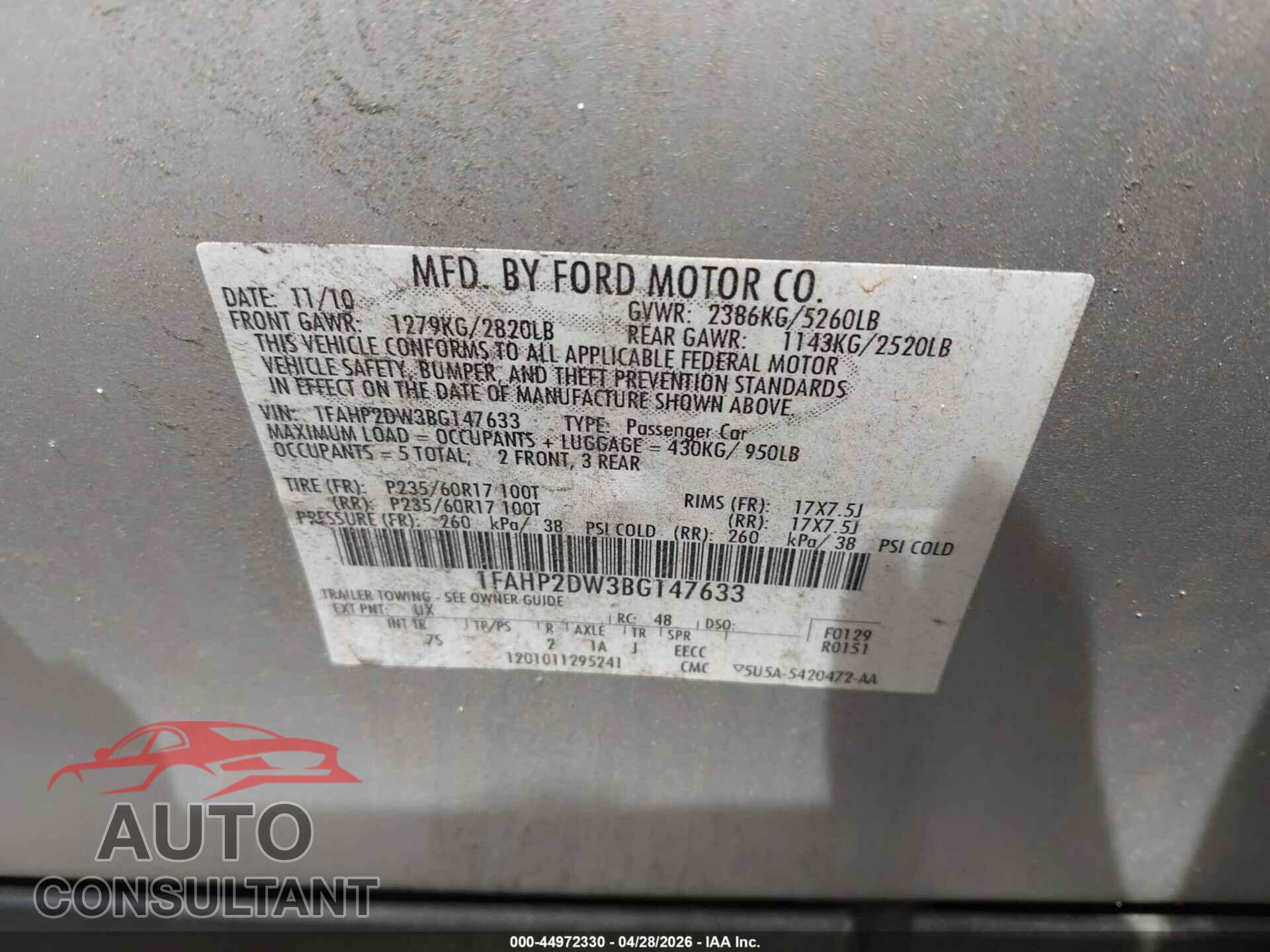 FORD TAURUS 2011 - 1FAHP2DW3BG147633