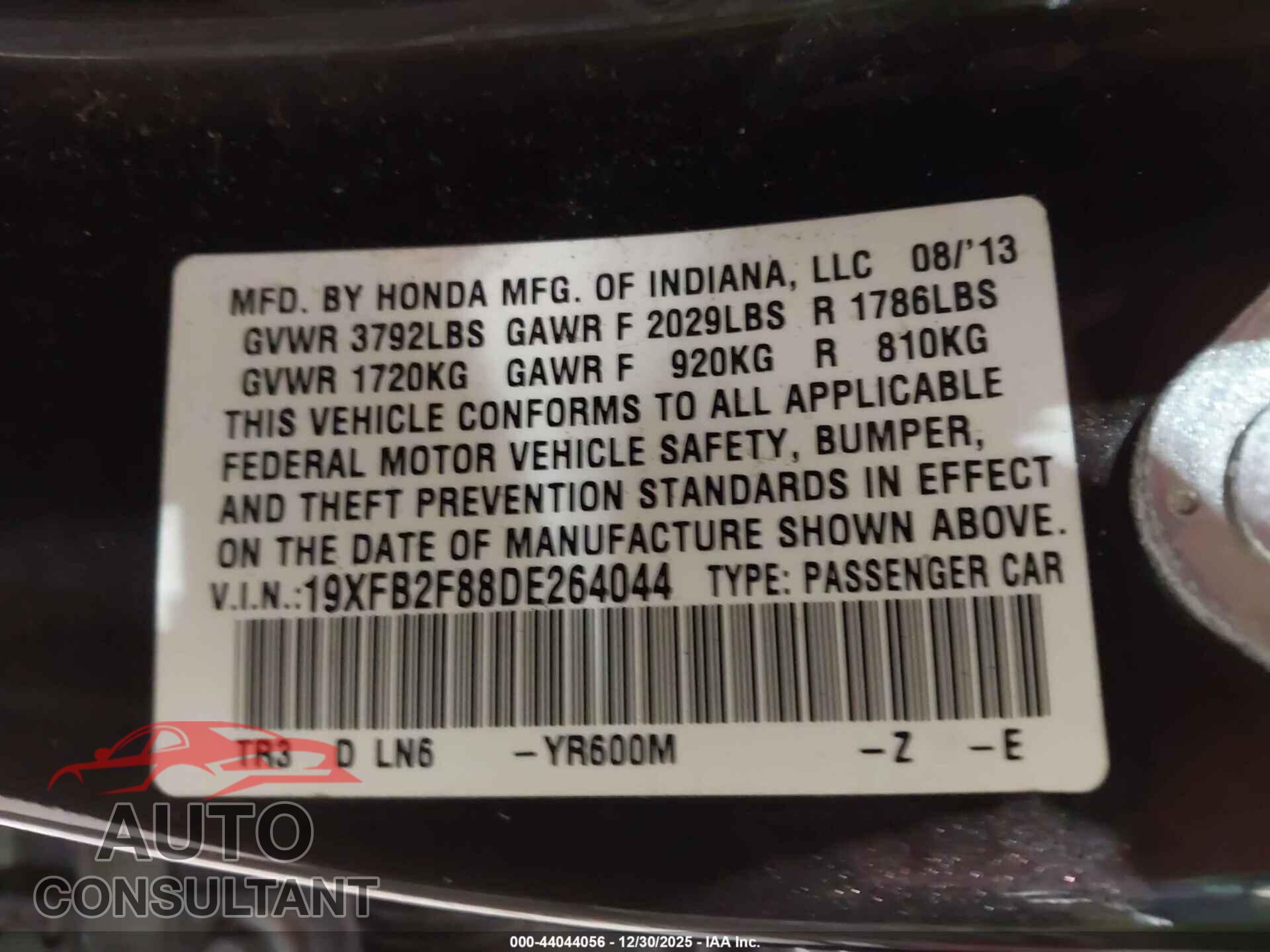 HONDA CIVIC 2013 - 19XFB2F88DE264044