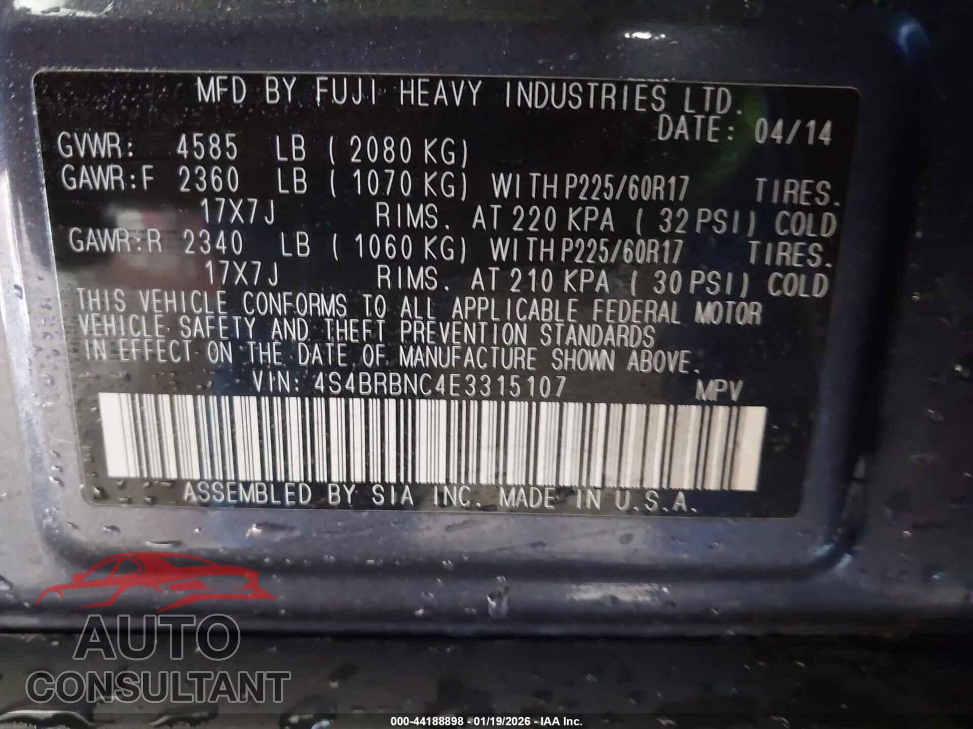 SUBARU OUTBACK 2014 - 4S4BRBNC4E3315107