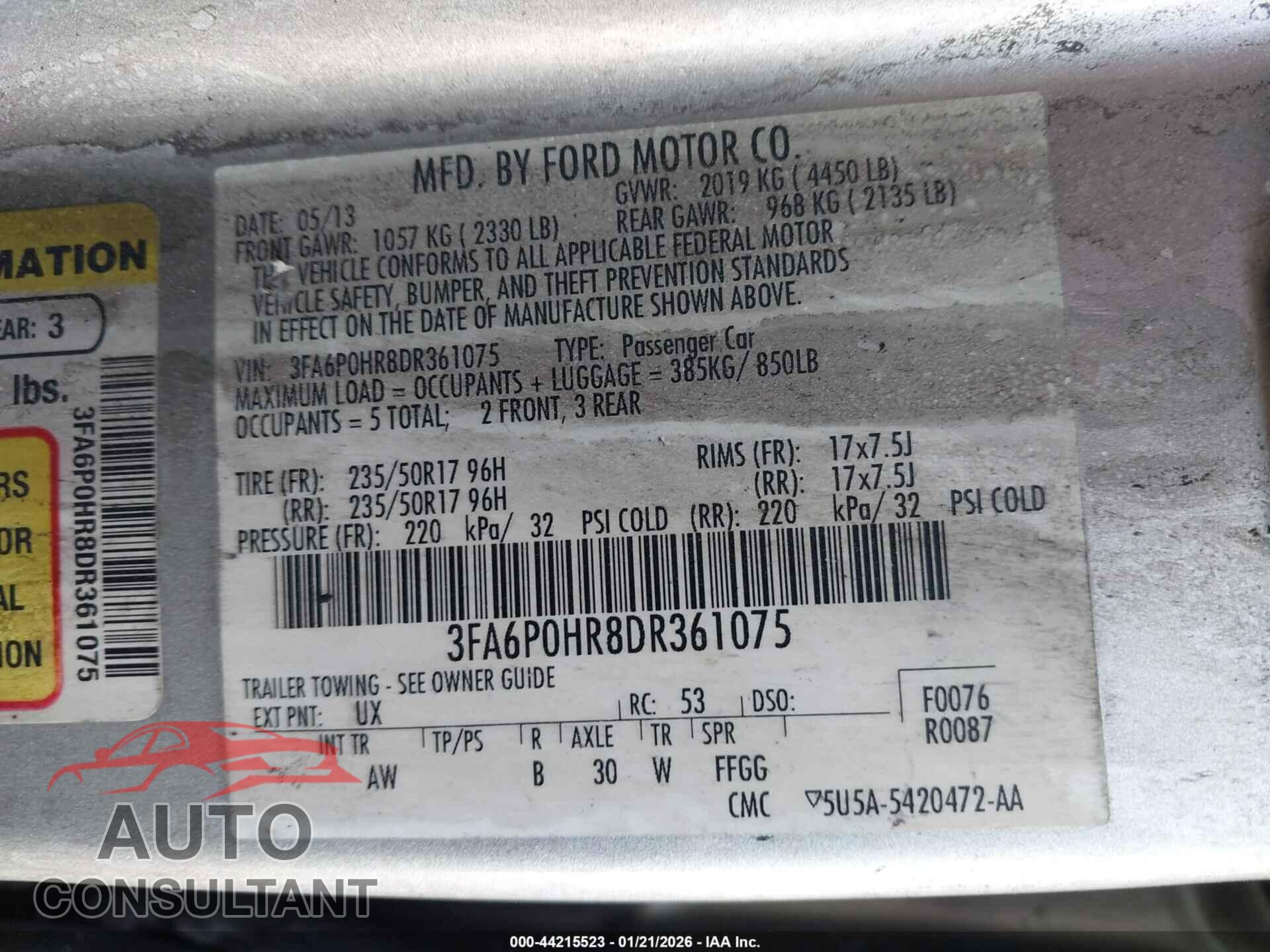FORD FUSION 2013 - 3FA6P0HR8DR361075