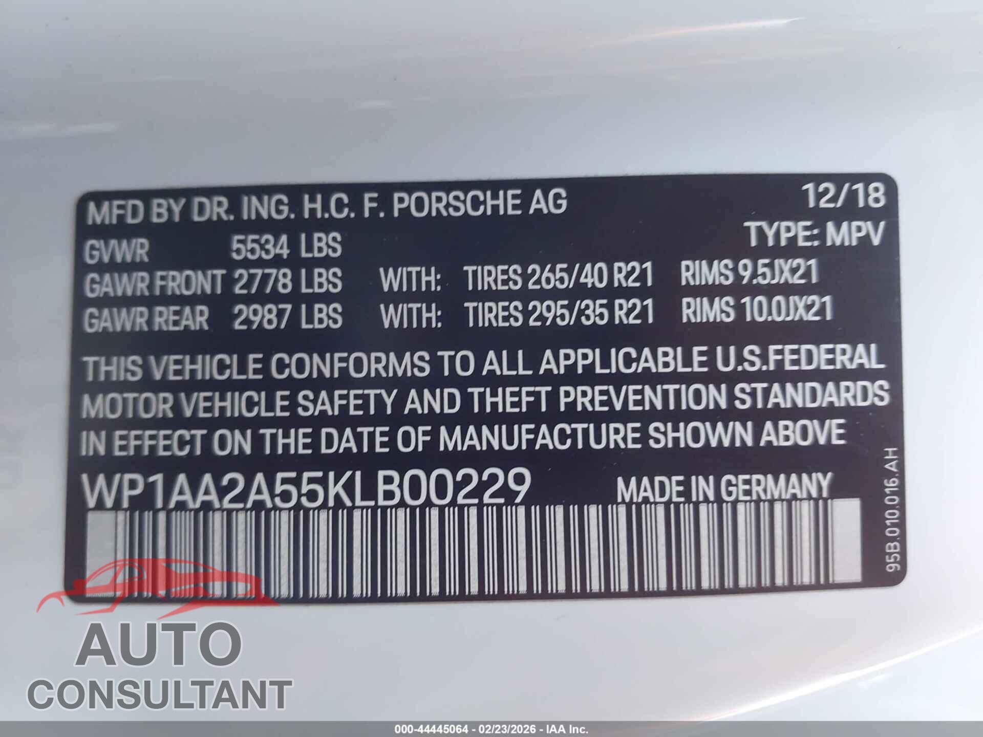 PORSCHE MACAN 2019 - WP1AA2A55KLB00229