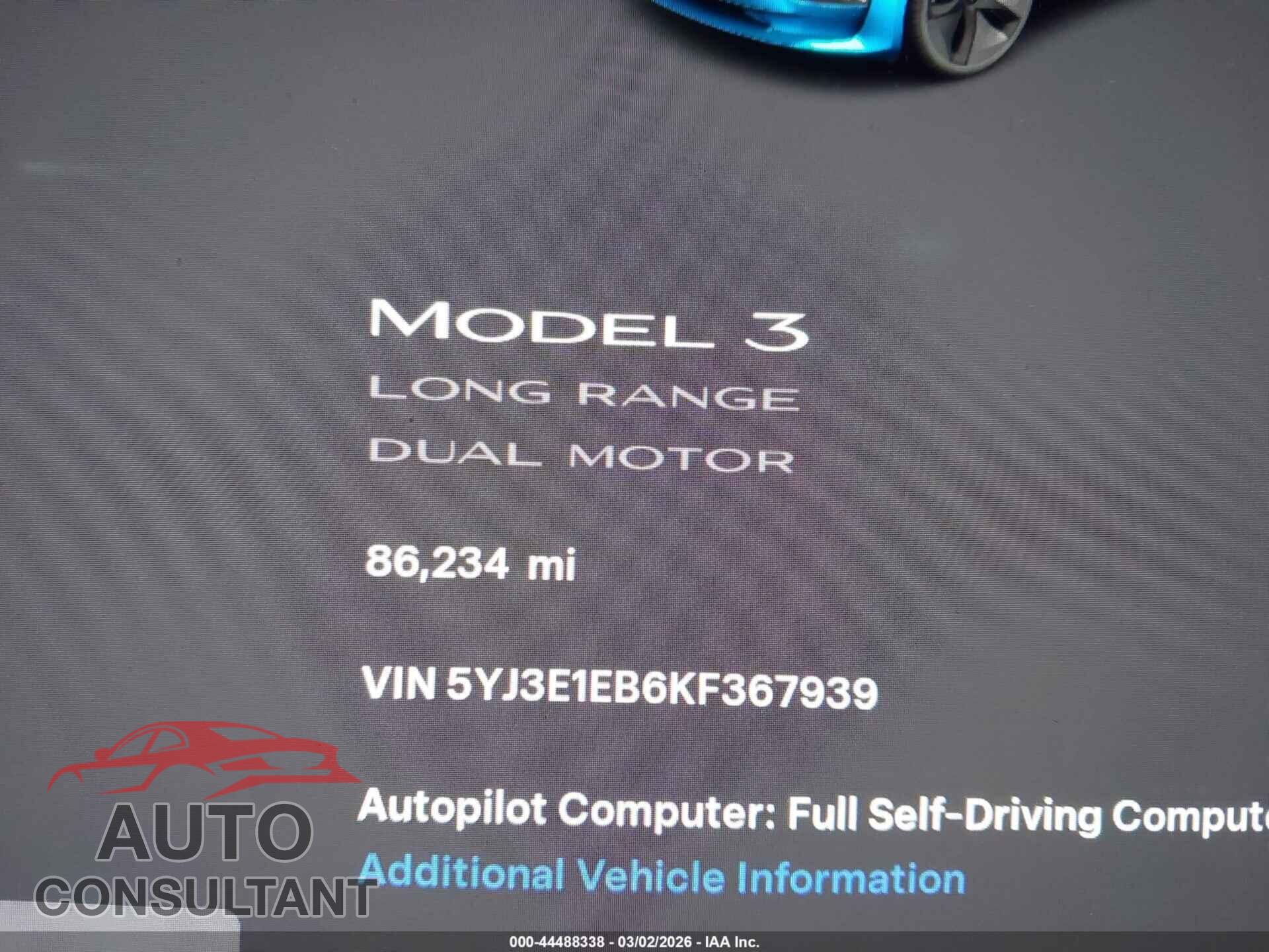 TESLA MODEL 3 2019 - 5YJ3E1EB6KF367939