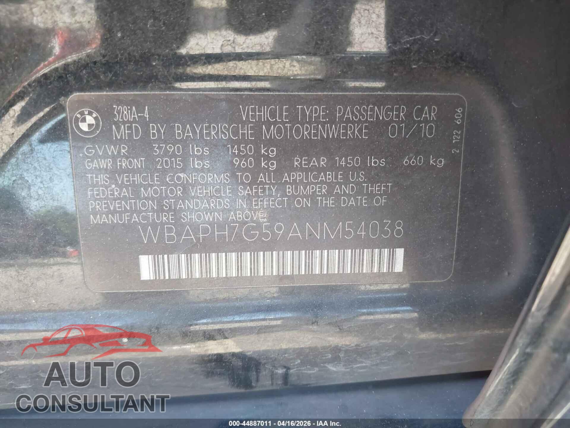 BMW 328I 2010 - WBAPH7G59ANM54038
