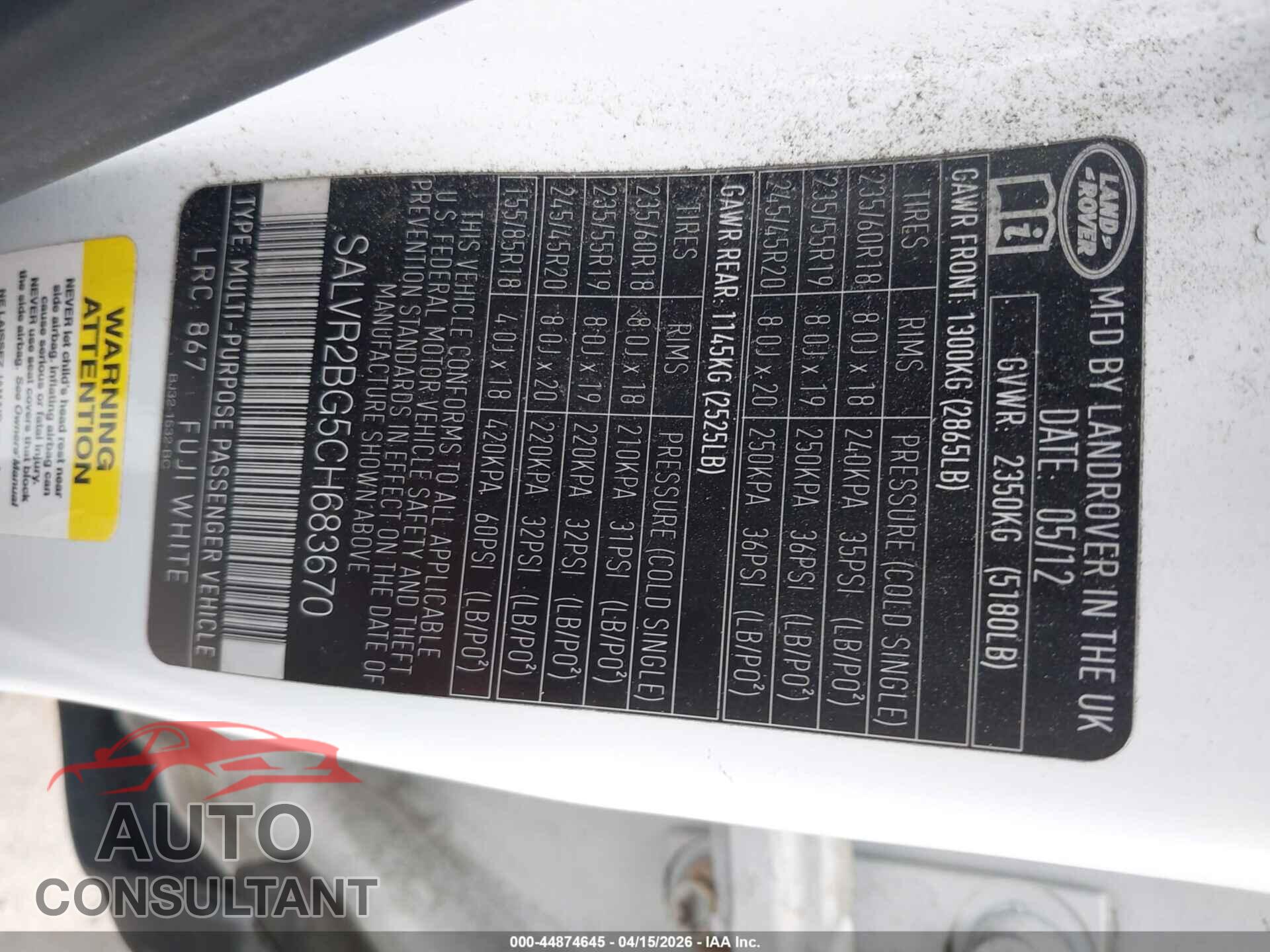 LAND ROVER RANGE ROVER EVOQUE 2012 - SALVR2BG5CH683670