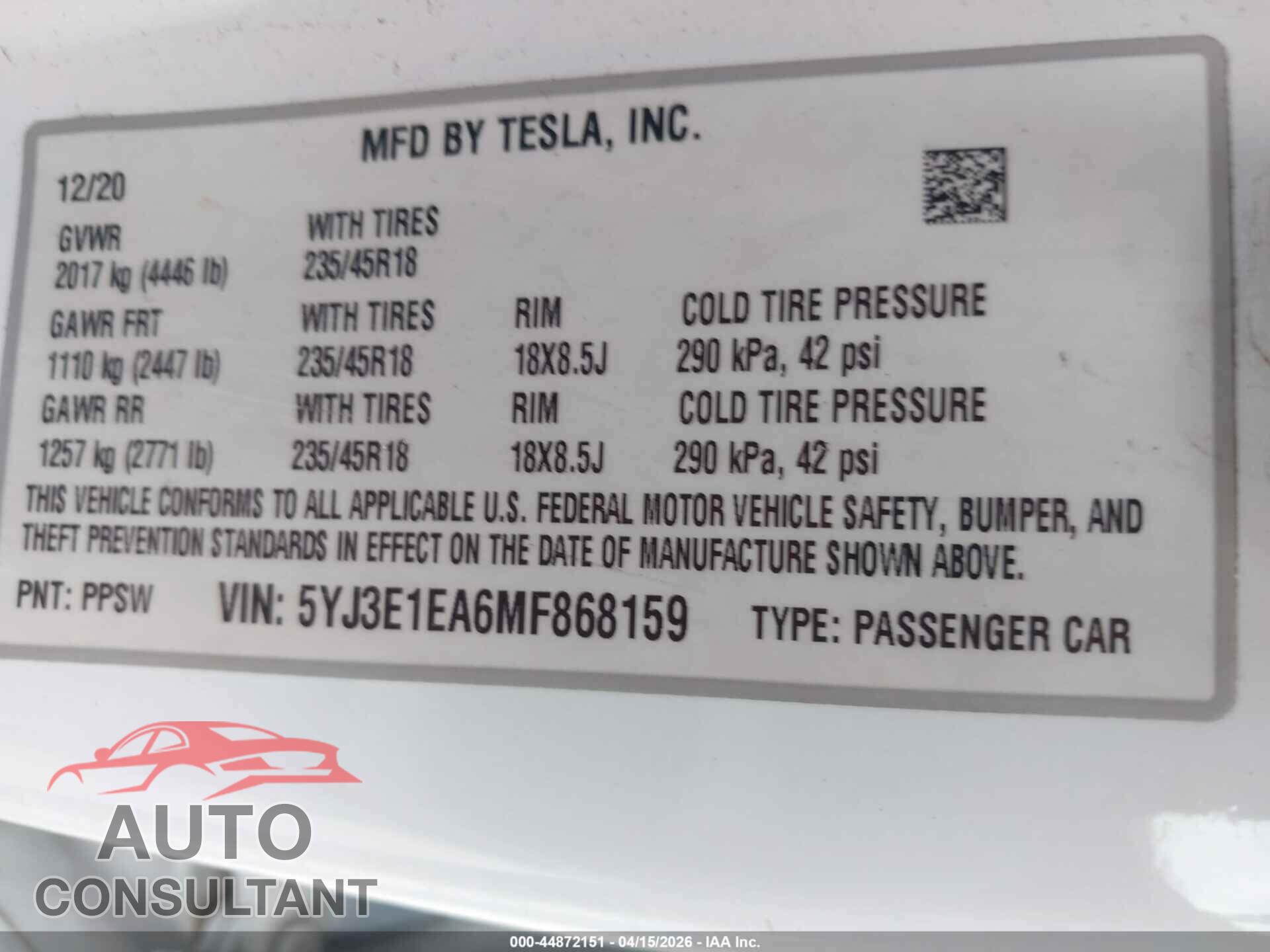 TESLA MODEL 3 2021 - 5YJ3E1EA6MF868159