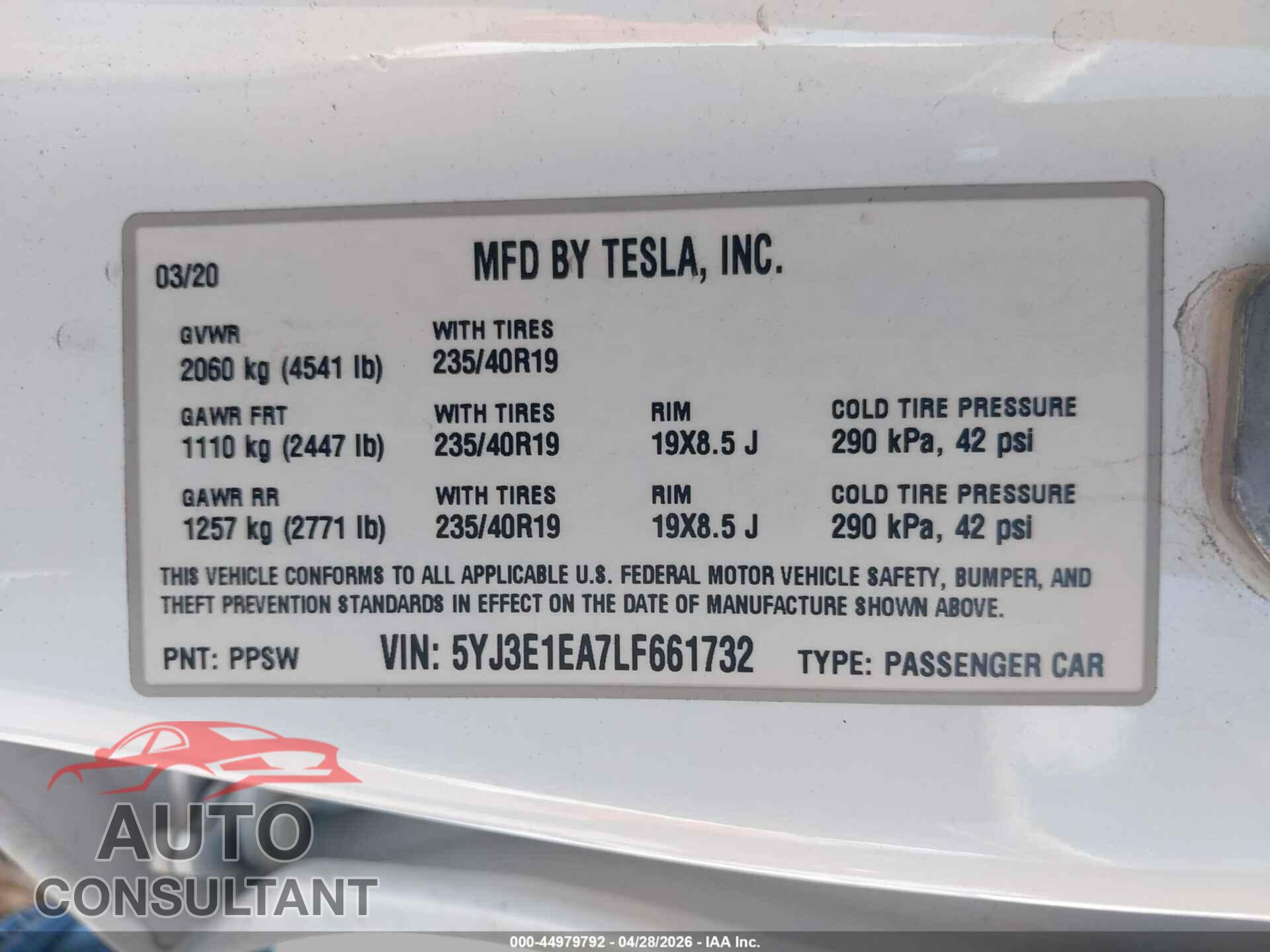 TESLA MODEL 3 2020 - 5YJ3E1EA7LF661732