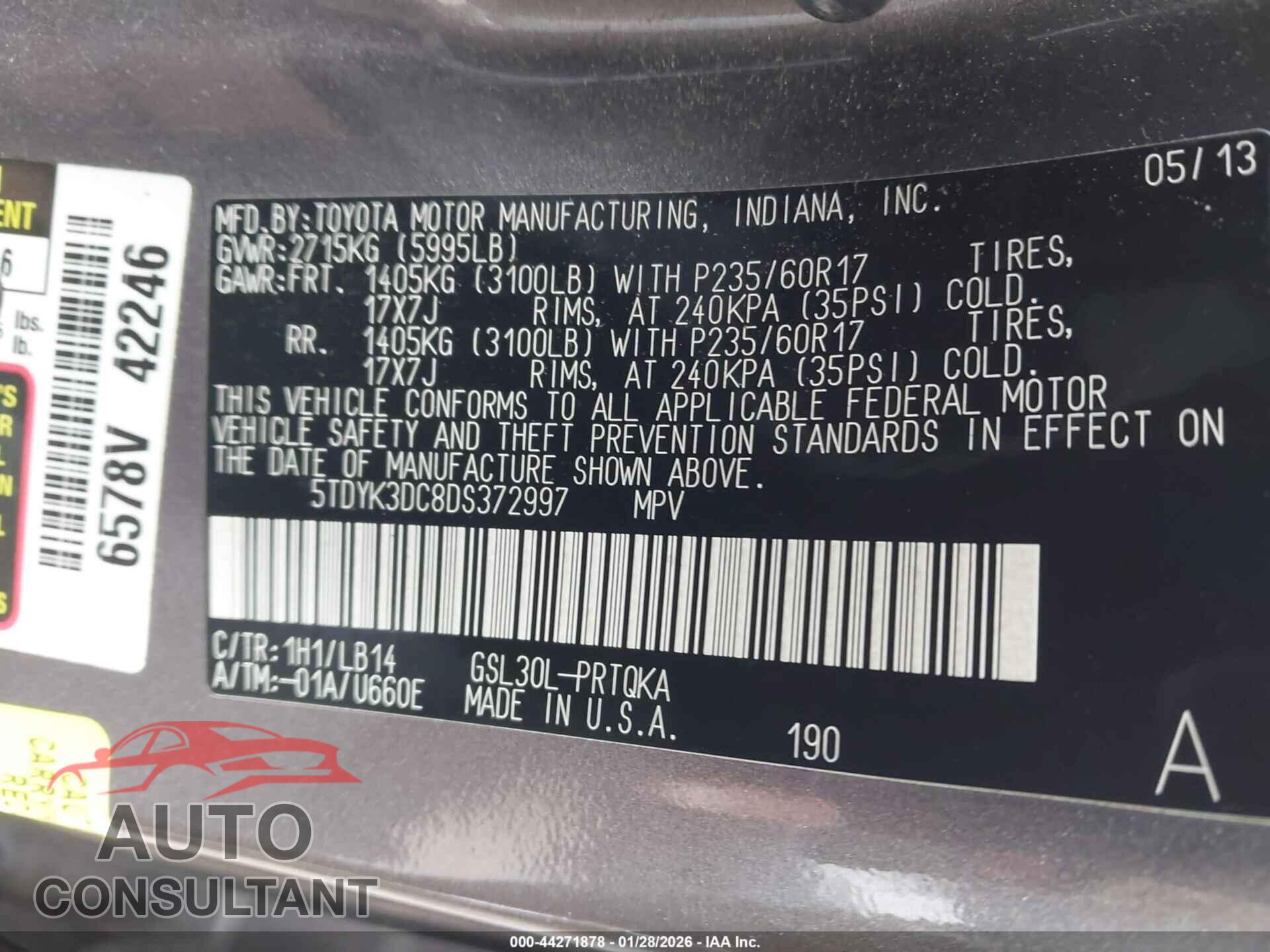 TOYOTA SIENNA 2013 - 5TDYK3DC8DS372997