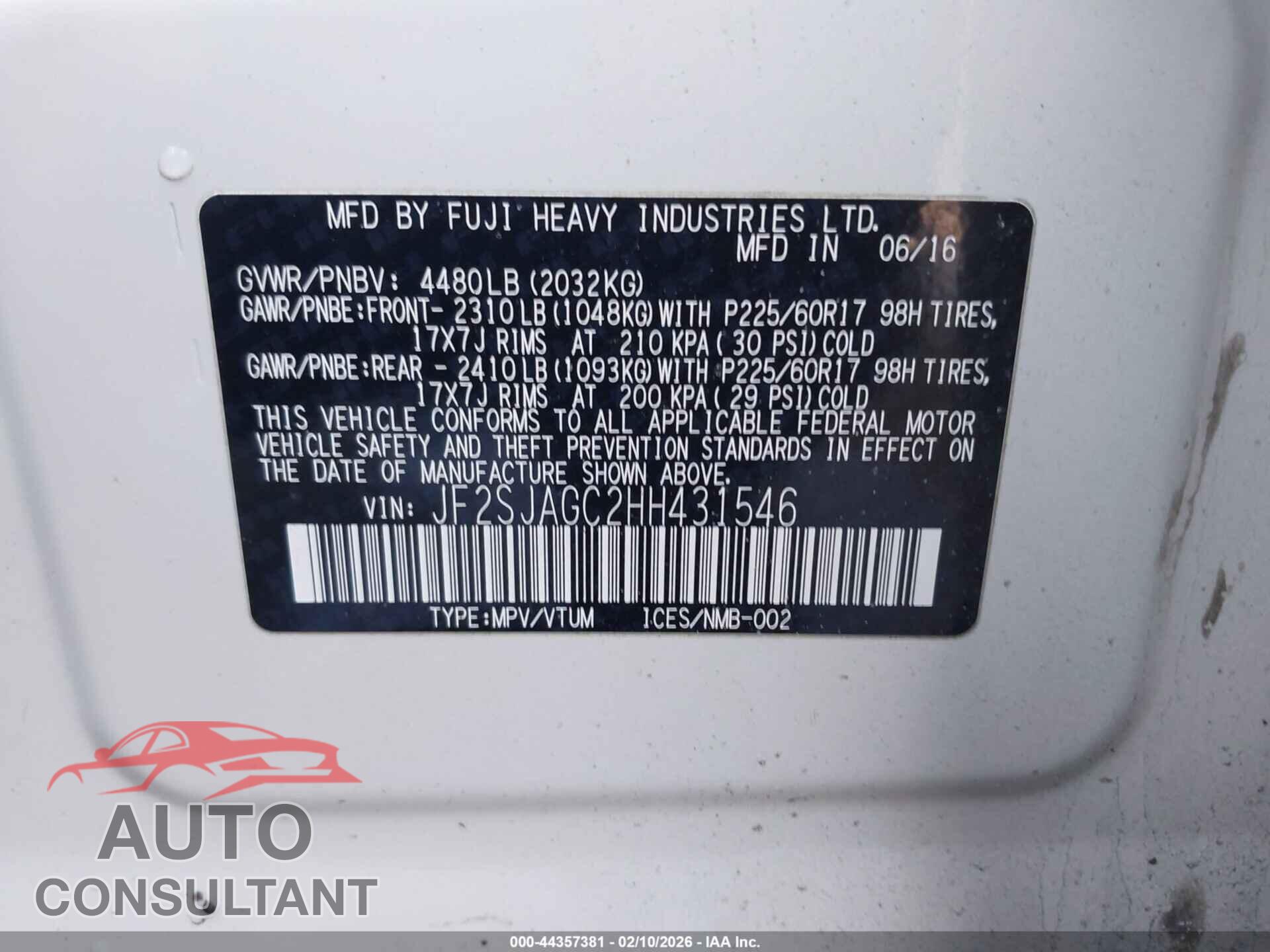 SUBARU FORESTER 2017 - JF2SJAGC2HH431546
