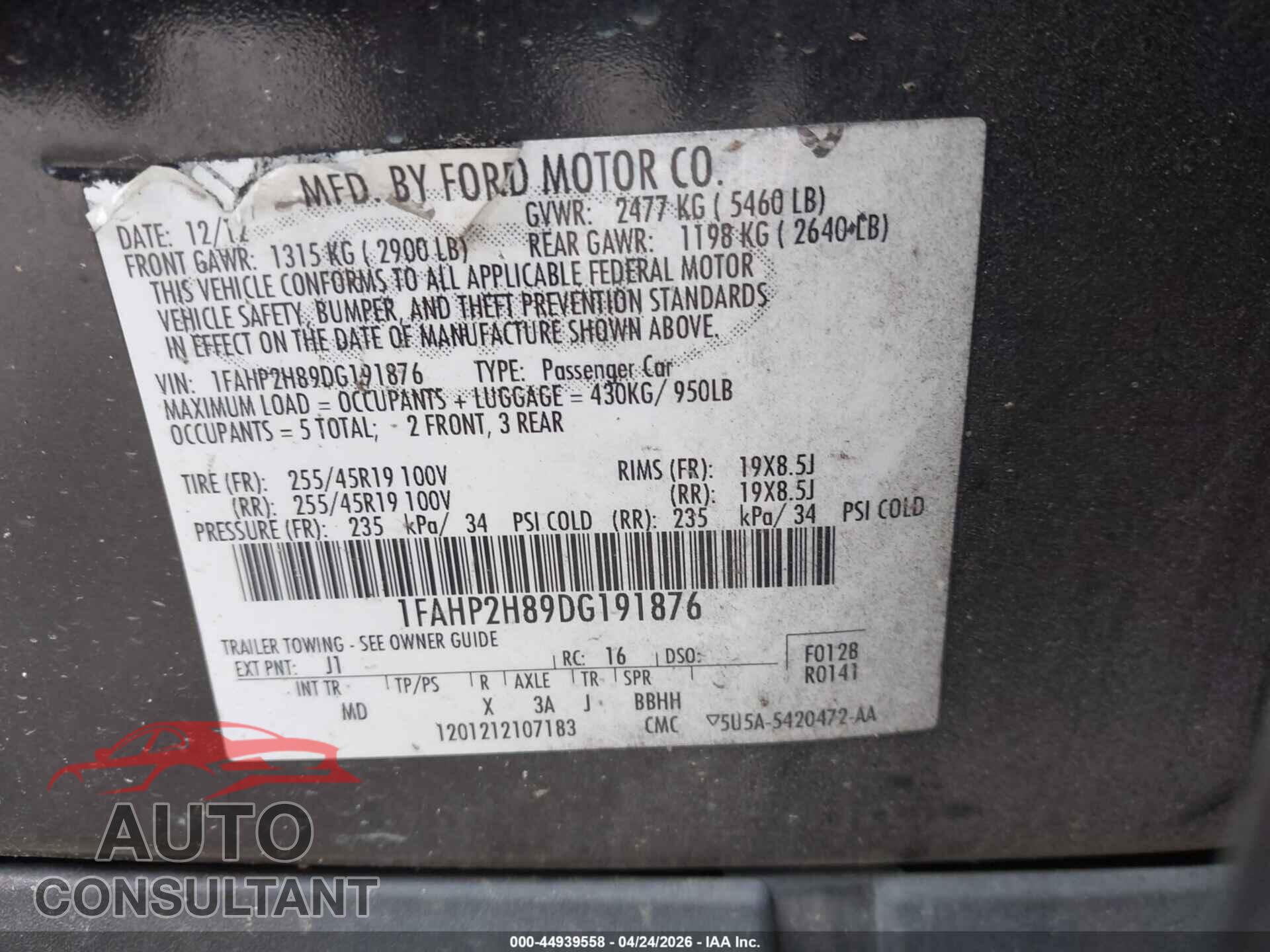 FORD TAURUS 2013 - 1FAHP2H89DG191876