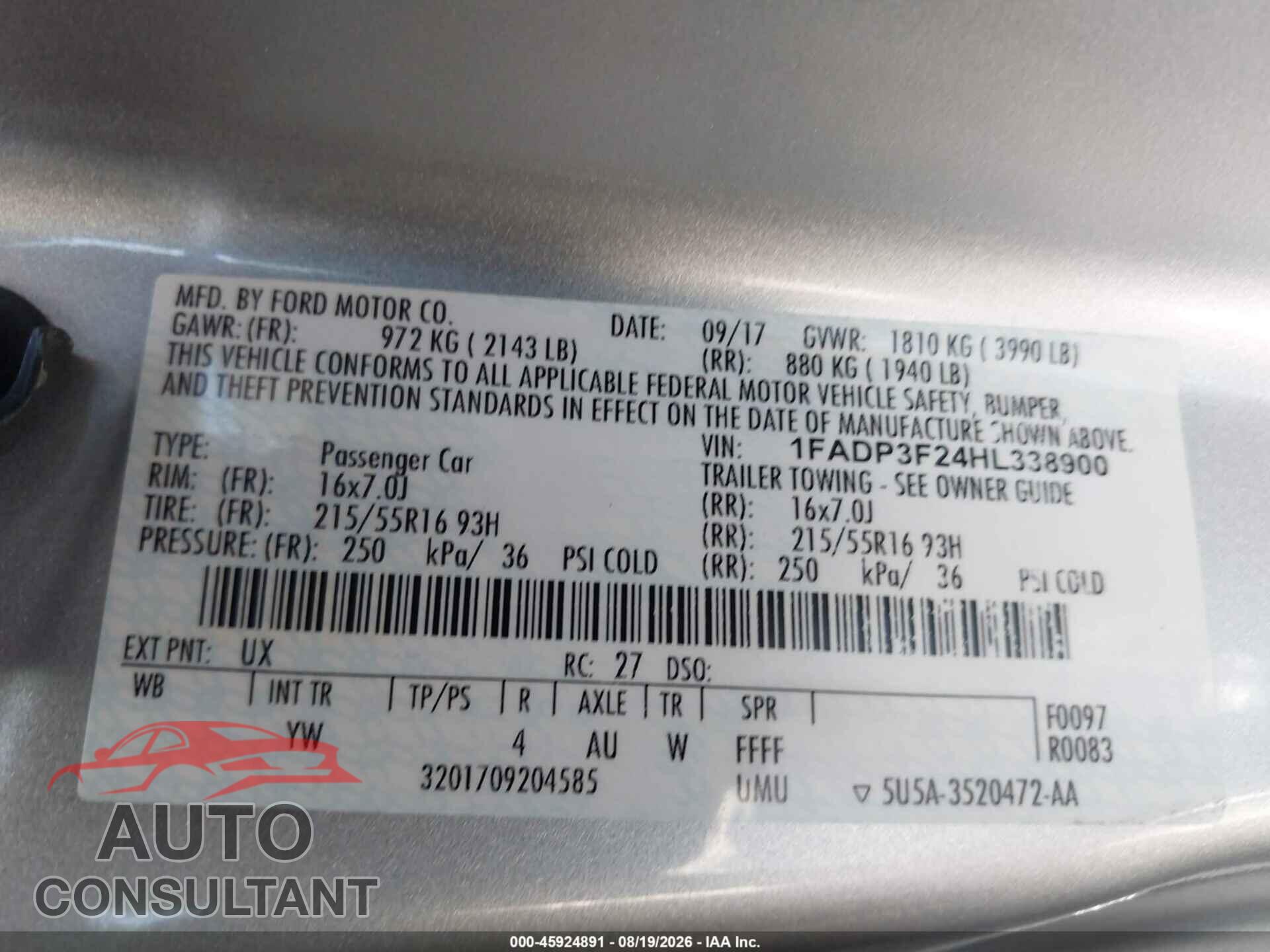 FORD FOCUS 2017 - 1FADP3F24HL338900