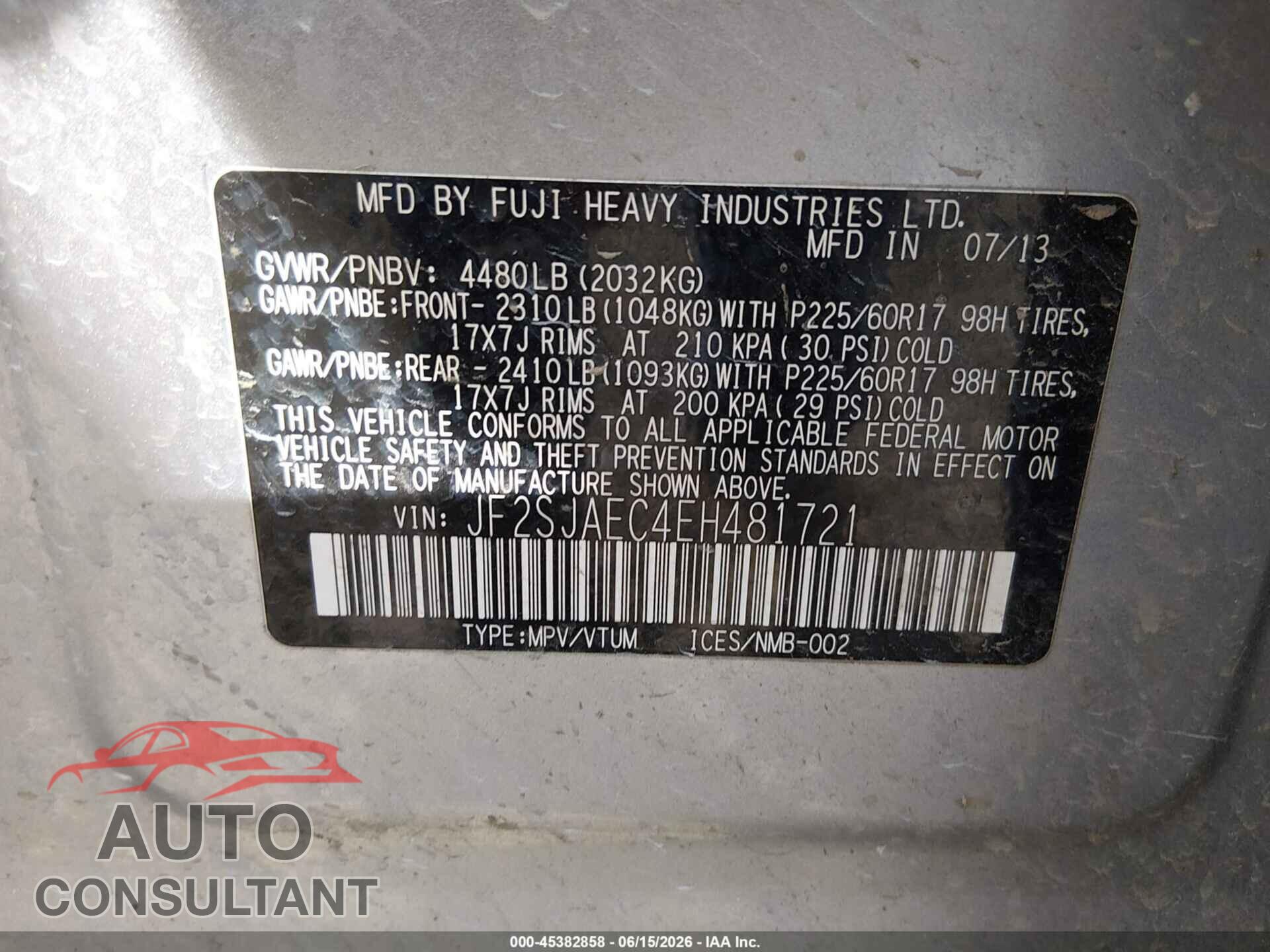 SUBARU FORESTER 2014 - JF2SJAEC4EH481721